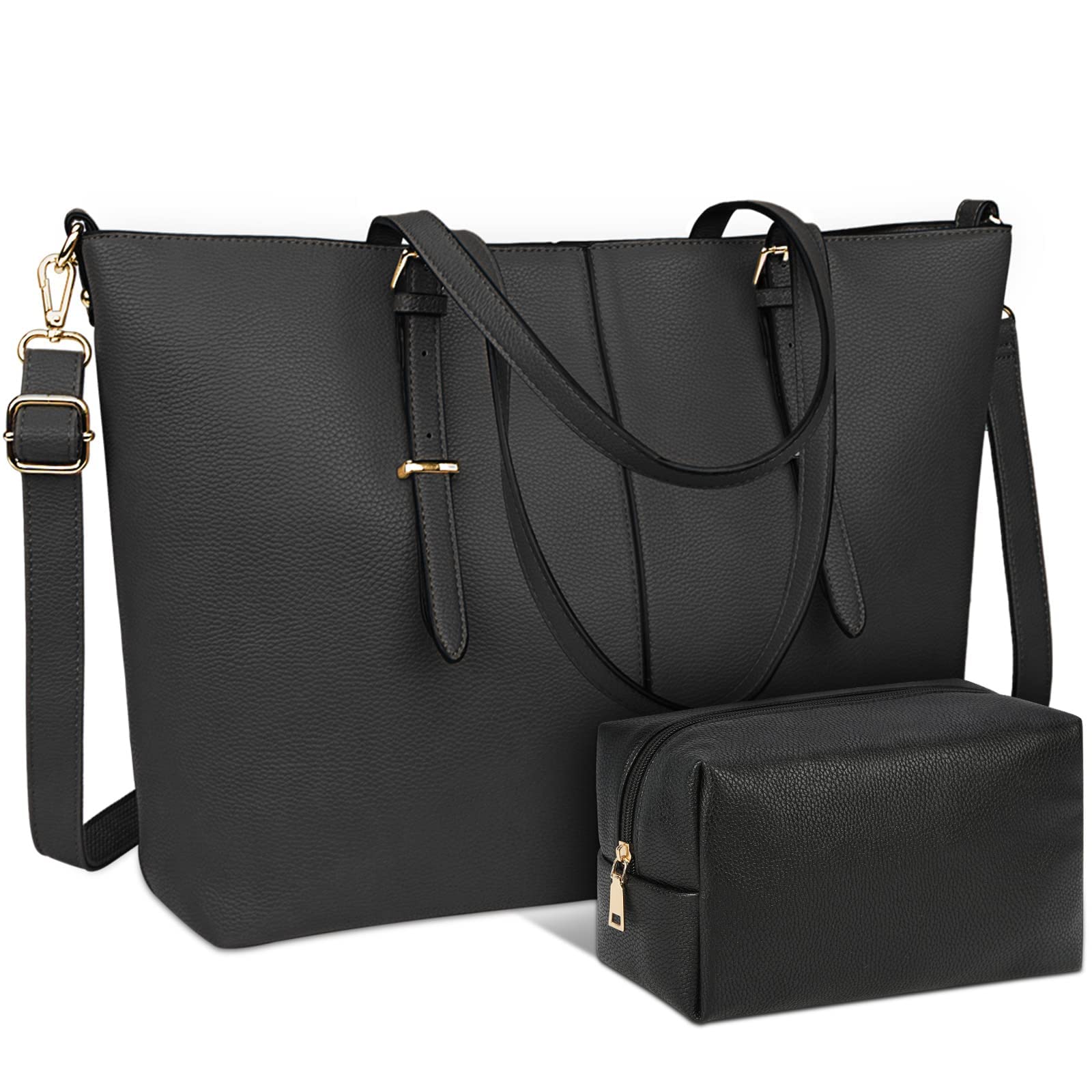 Lightweight Leather Laptop Tote Bag for Women - 15.6 Inch Waterproof Business Office Computer Briefcase, Large Shoulder Handbag, 2 pcs Set in Dark Black - Perfect for Work, Travel, and Daily Commute