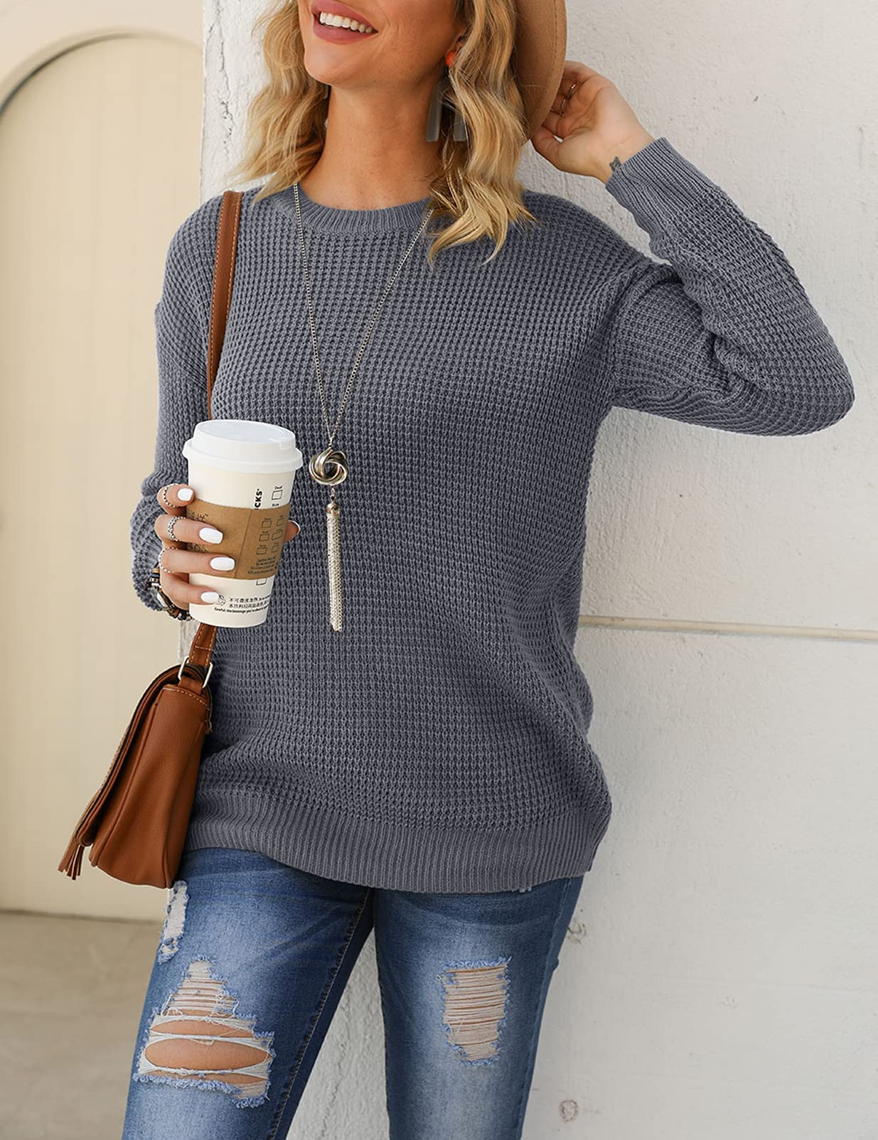 MEROKEETY Women's Long Sleeve Waffle Knit Sweater - Crew Neck Solid Color Pullover Jumper Tops for Fall Winter 2024 | Cozy Casual Wear for Office, Dating & Weekend Outfits