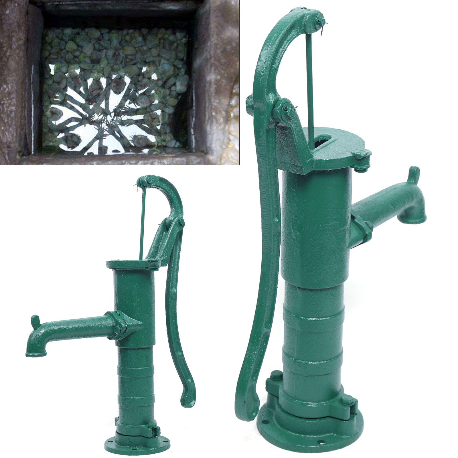 CNCEST Manual Water Pitcher Pump - Cast Iron Hand Pump for Outdoor Yard, Pond & Well - 26ft Max Pressure Head - Green - Perfect for Garden Irrigation, Livestock Watering & Emergency Water Supply