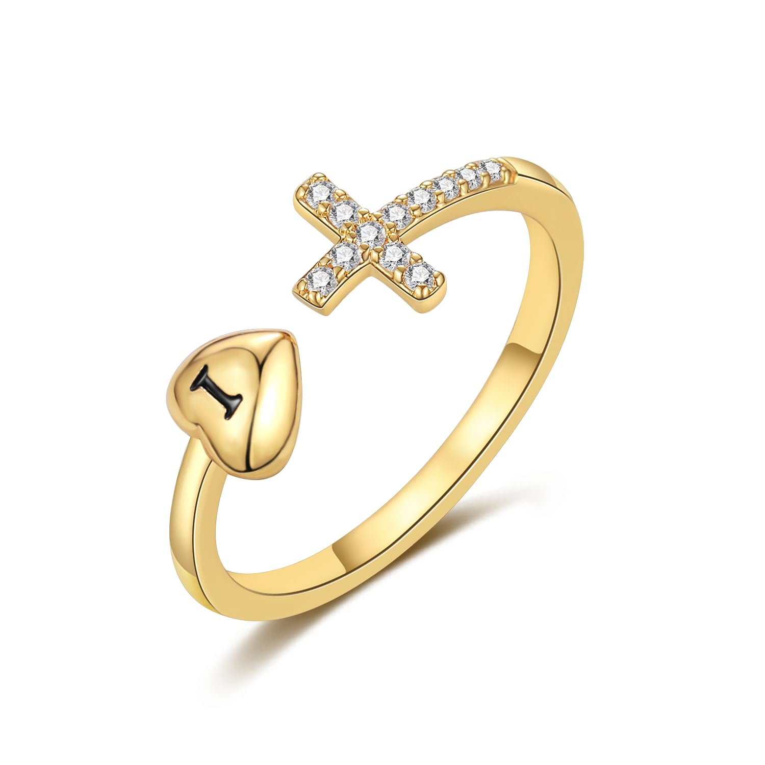 RLMOON Heart Initial Ring - 14K Gold/Silver Plated CZ Cross Ring for Women & Teen Girls | Non-Tarnish Adjustable Dainty Letter Ring | Personalized Gold Jewelry Gift for Valentine's Day, Birthday & Anniversary