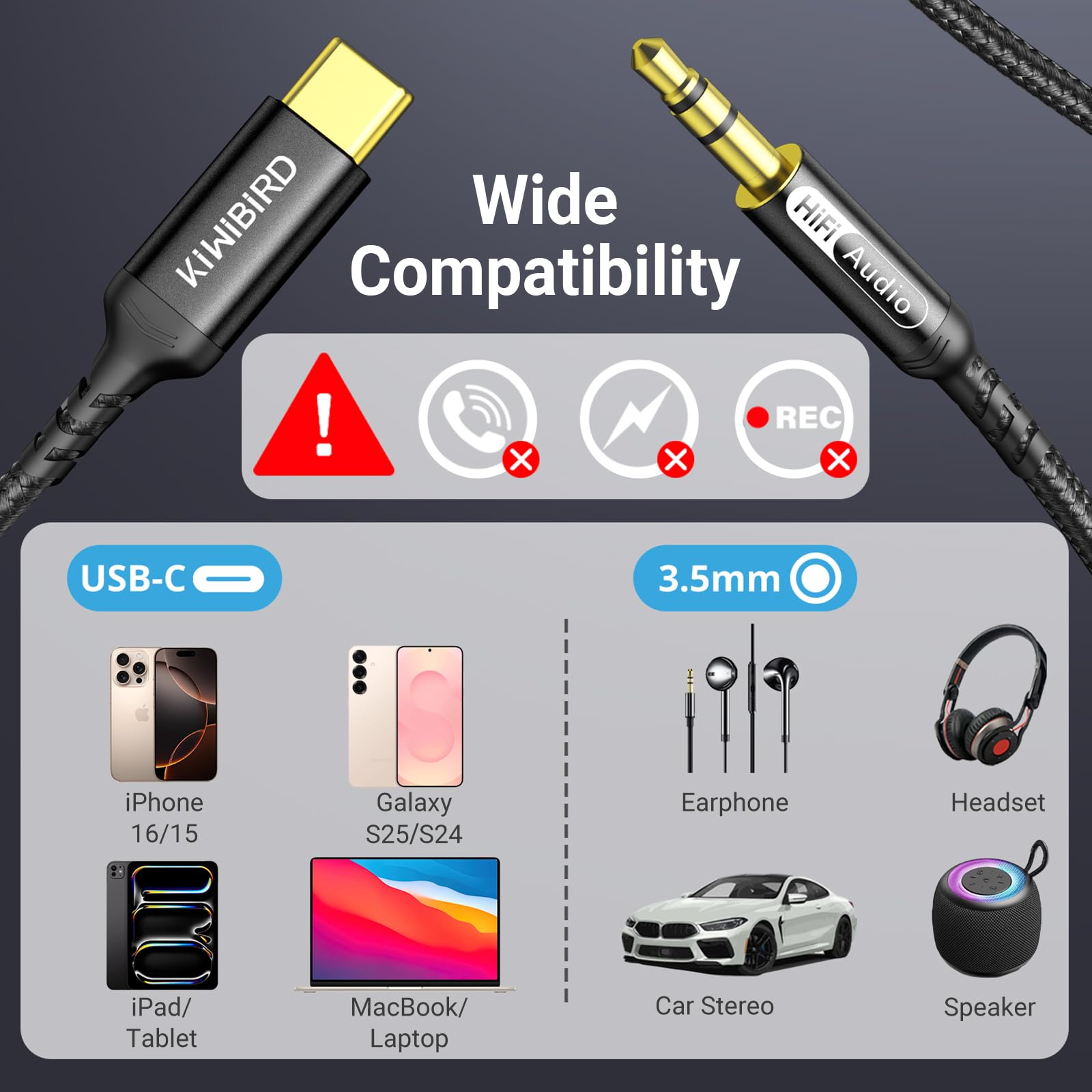 Premium Braided USB-C to 3.5mm Audio Cable with Hi-Fi DAC | 3.9ft Nylon-Braided Aux Cord for iPhone 15/16/Pro/Max, iPad Pro, Galaxy S24, Pixel & Android Phones | Perfect for Car Stereo, Headphones & Speakers | High-Quality Sound for Music, Gaming & Calls