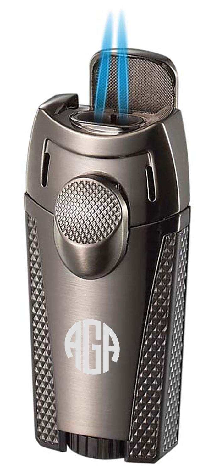 Personalized Visol Meru Gunmetal Dual Torch Cigar Lighter with Circle Monogram - Premium Windproof Butane Lighter for Cigars, Cigarettes & Outdoor Use (Gift Box Included) - Perfect for Smoking, Camping & Gifts