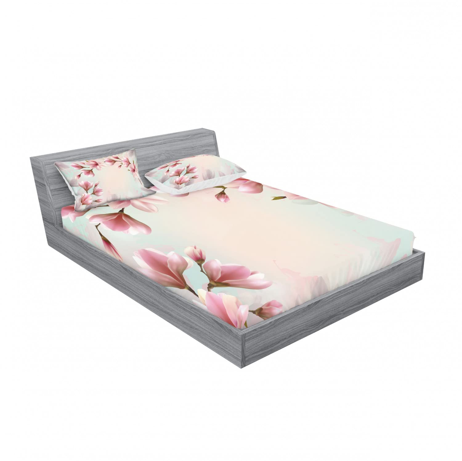 Ambesonne Magnolia 2-Pack Queen Size Fitted Sheet Set with 4 Pillow Shams - Double Exposure Floral Design in Dark Coral & Pale Pink - Soft Bedding Decor for Guest Rooms, Master Bedrooms & Vacation Homes