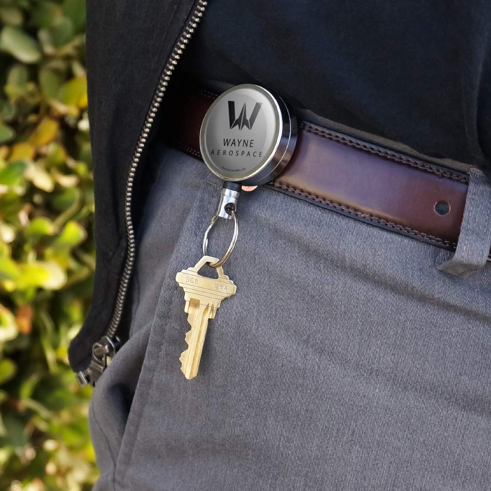 Justice League Movie Wayne Aerospace Heavy Duty Metal Retractable ID Badge Holder - Key Card & Tag Reel with Belt Clip for Office Security, Events & Cosplay