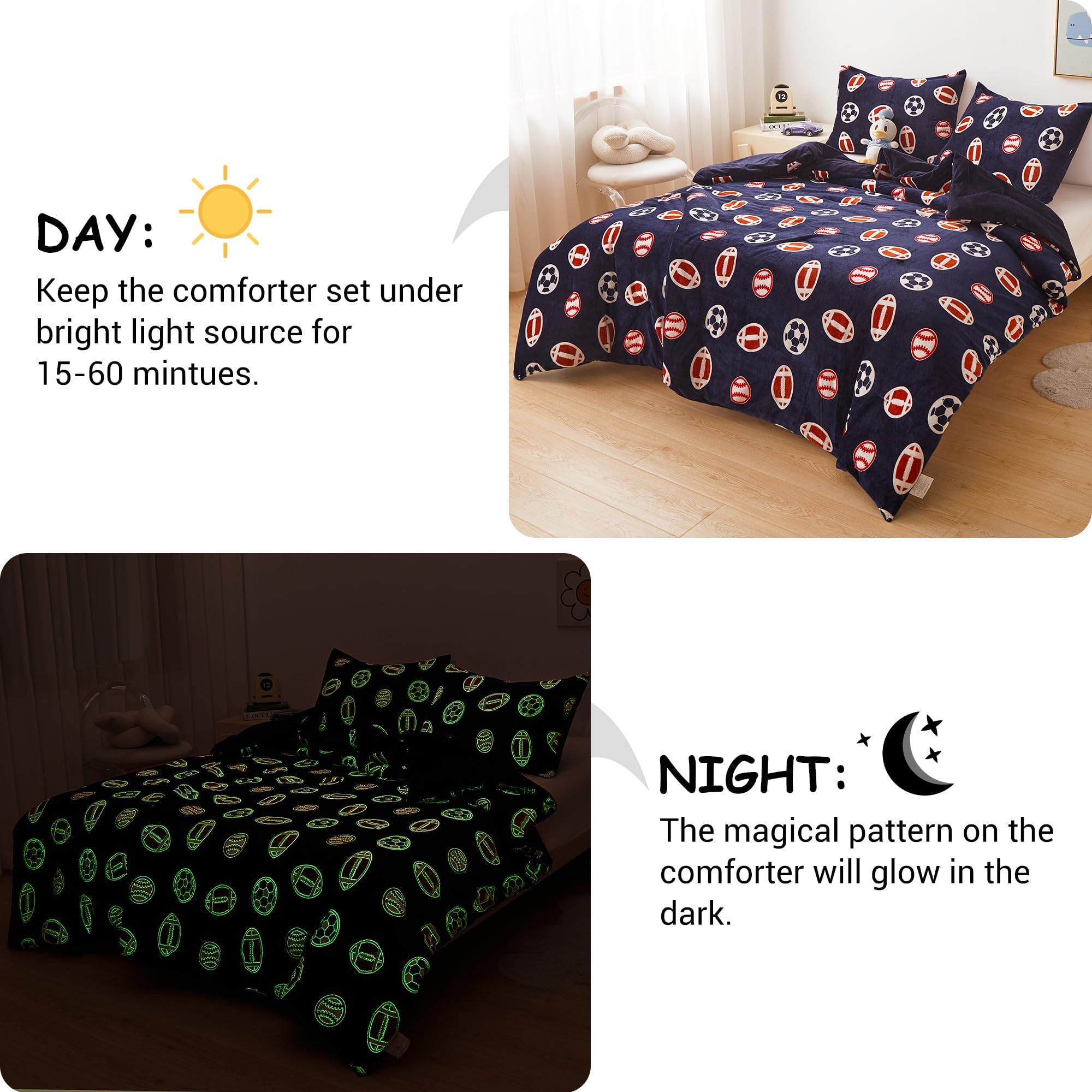 Mooreeke Glow in The Dark Twin Plush Fleece Comforter Set - Soft & Warm 2-Piece Bed in a Bag with Sham | Velour Velvet Sports Theme (Football, Basketball, Soccer, Rugby) for Boys & Kids | Fluffy Fuzzy Polar Cozy Bedding | Perfect for Kids' Rooms, Sleepovers & Themed Bedrooms