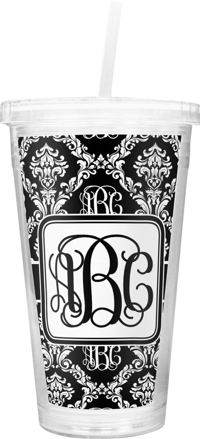 Personalized Monogrammed Damask Double Wall Stainless Steel Tumbler with Straw and Lid - 20oz Insulated Travel Mug for Coffee, Tea & Cold Drinks - Perfect Gift for Office, Gym, Camping and Outdoor Activities
