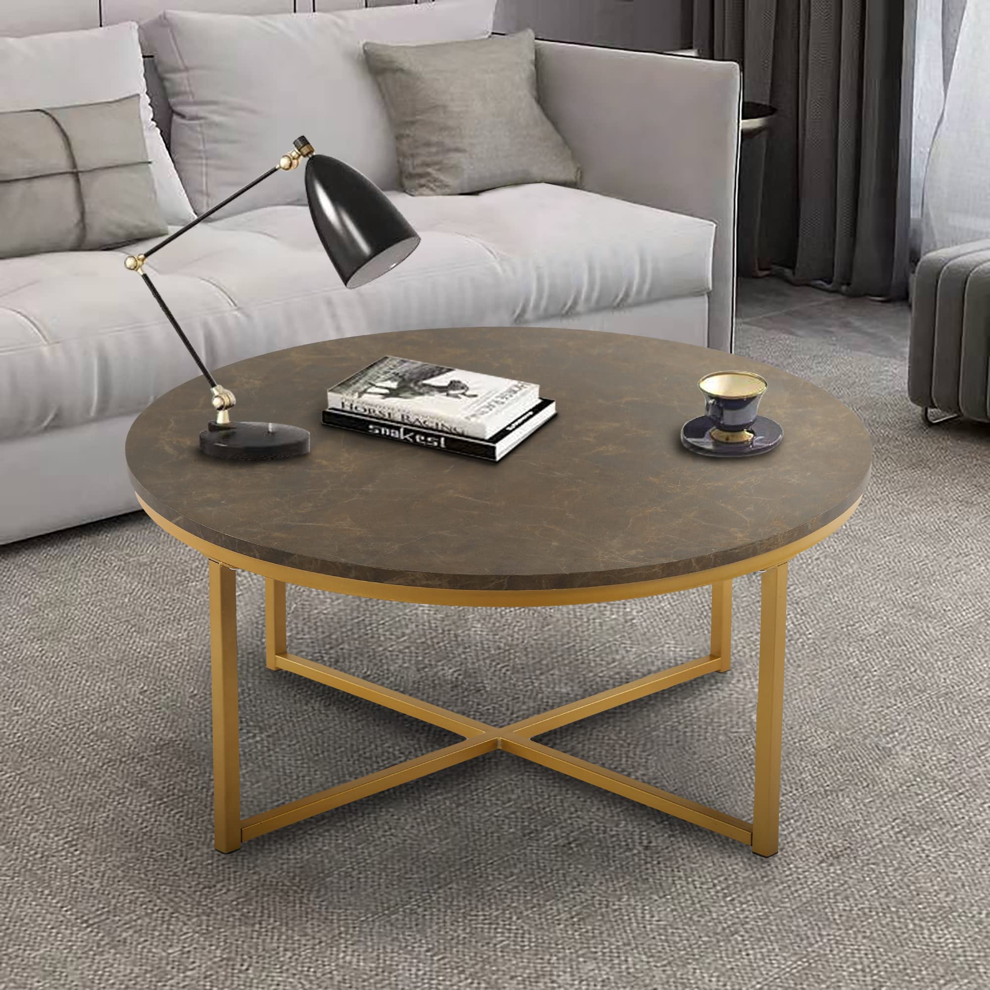 Modern MDF Coffee Table with Metal Base - Brown & Gold Finish for Living Room, Lounge, or Office Decor | Sturdy & Stylish Cross Legs Design