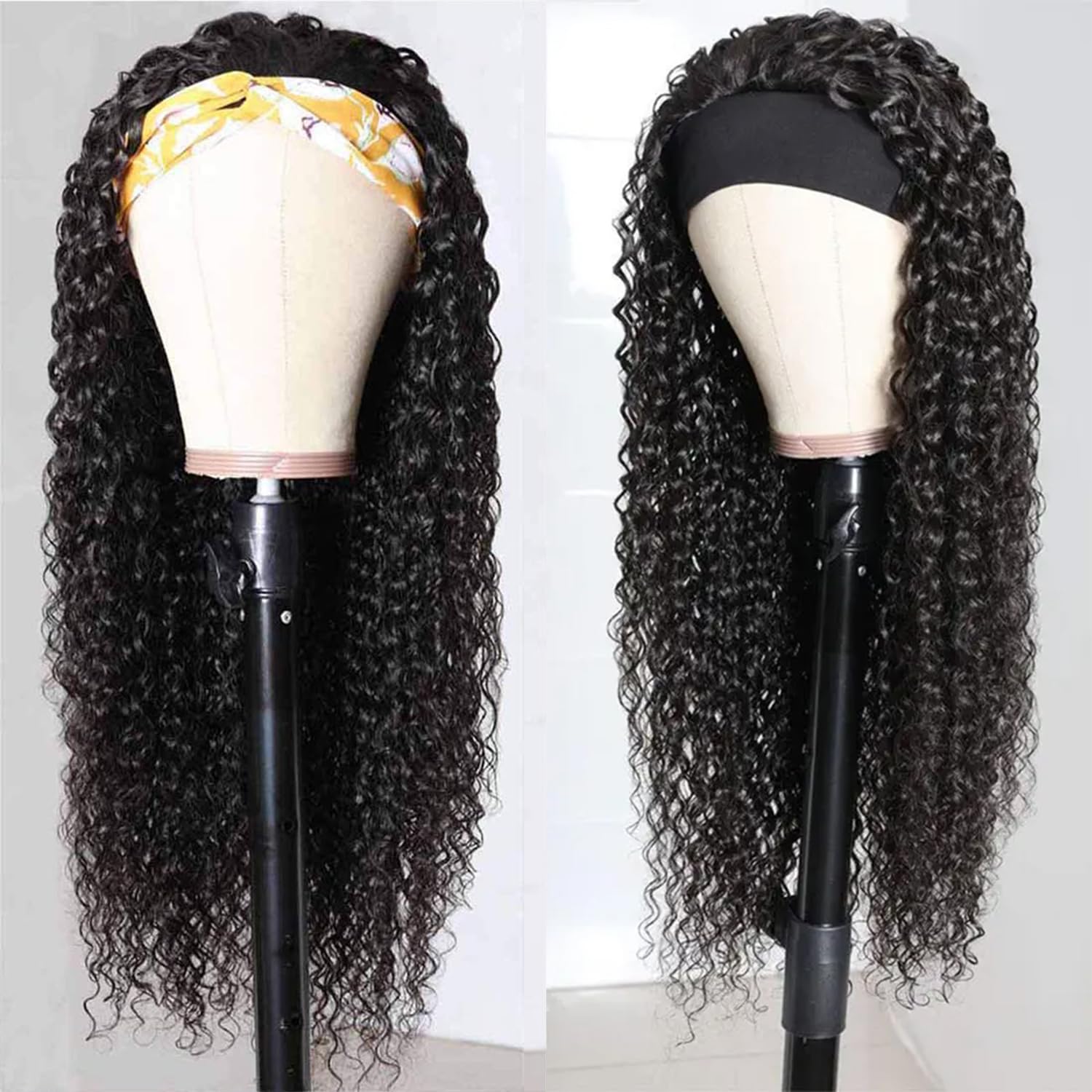 20 Inch Deep Wave Human Hair Headband Wig - Glueless Curly Hair Wig with No Lace Front | Natural Black Women's Human Hair Wig for Everyday Wear & Special Occasions