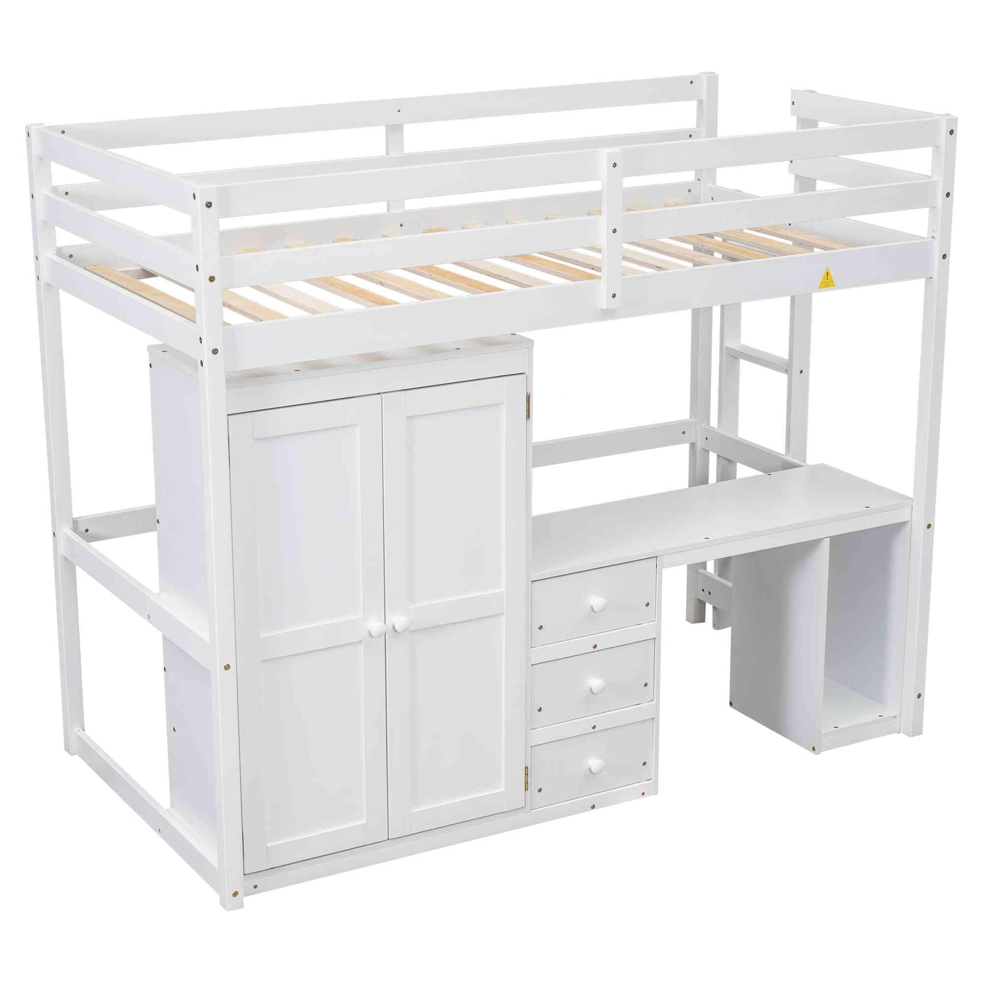 ATY Twin Size Loft Bed with Wardrobe & 3 Drawers - Solid Wood Bed Frame with Built-in Desk & Computer Space - Multifunctional Kids Bedroom & Dorm Furniture - No Box Spring Needed - White - Perfect for Small Spaces, Teen Rooms & College Dorm Organization