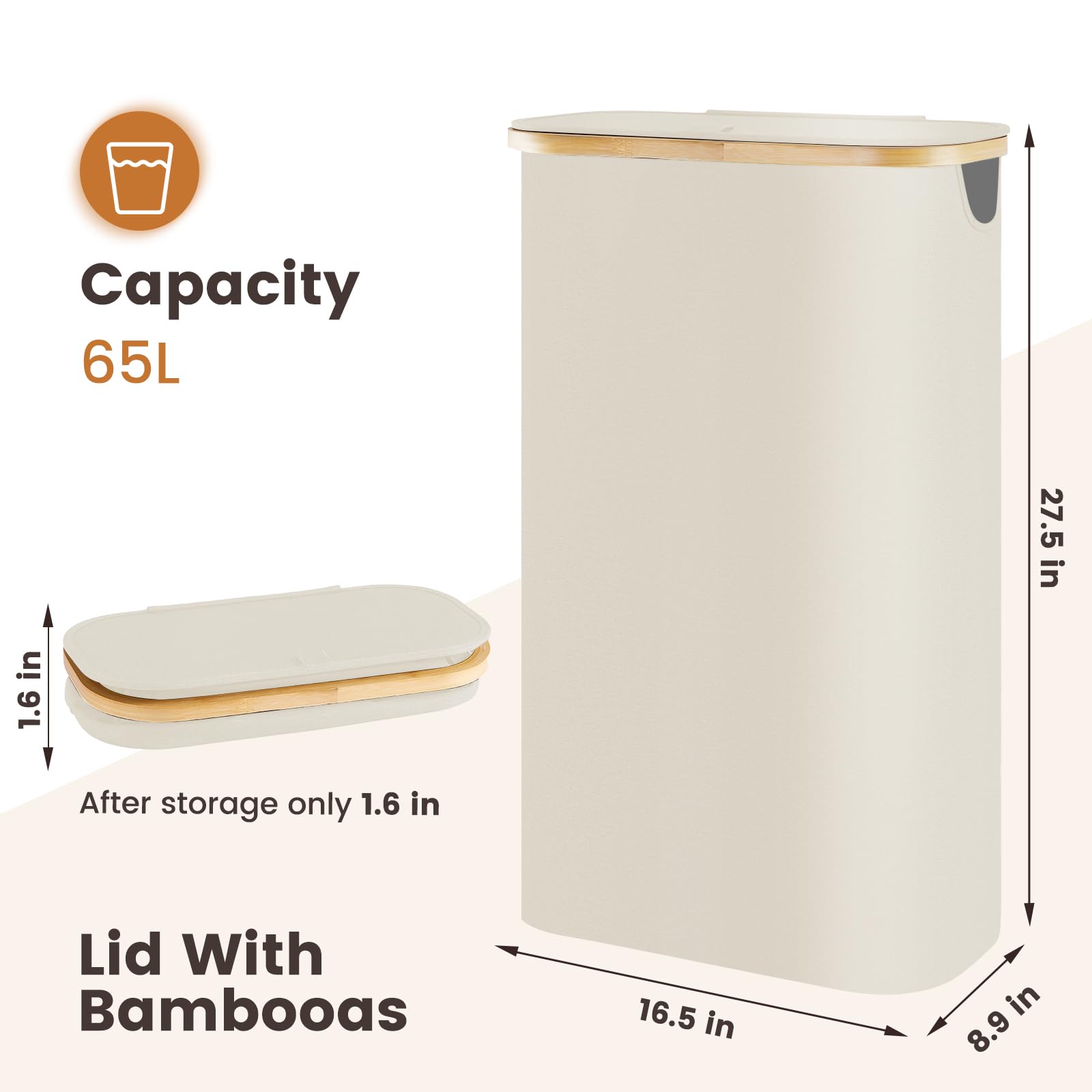 65L Slim Laundry Hamper with Lid & Removable Bag - Collapsible Dirty Clothes Basket with Bamboo Handles - Space Saving Narrow Hamper for Small Spaces - Perfect for Bedroom, Bathroom, Laundry Room & Dorm Organization