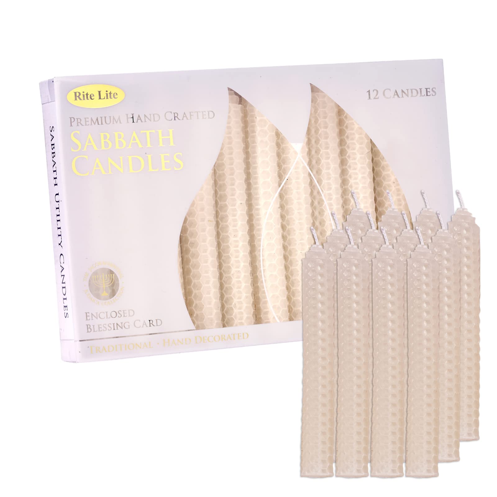 Rite Lite Premium White Shabbat Candles - 12-Piece Set in Elegant Gift Box with Artistic Hanukkah Card - Perfect for Jewish Holidays, Sabbath Celebrations & Home Decor