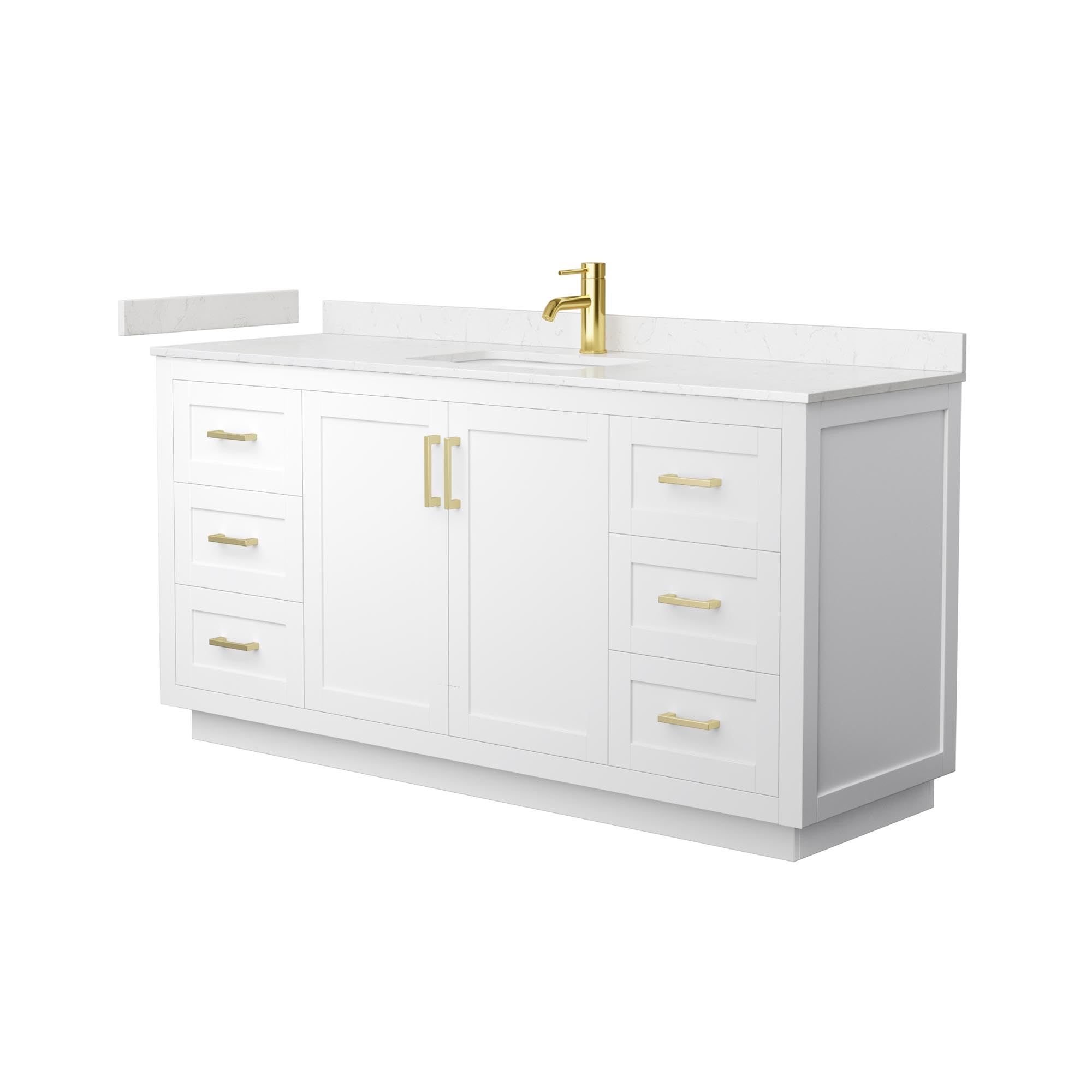 Wyndham Collection Miranda 66 Inch White Bathroom Vanity with Light-Vein Carrara Cultured Marble Countertop, Undermount Square Sink & Brushed Gold Trim – Perfect for Modern Master Bathrooms and Powder Rooms