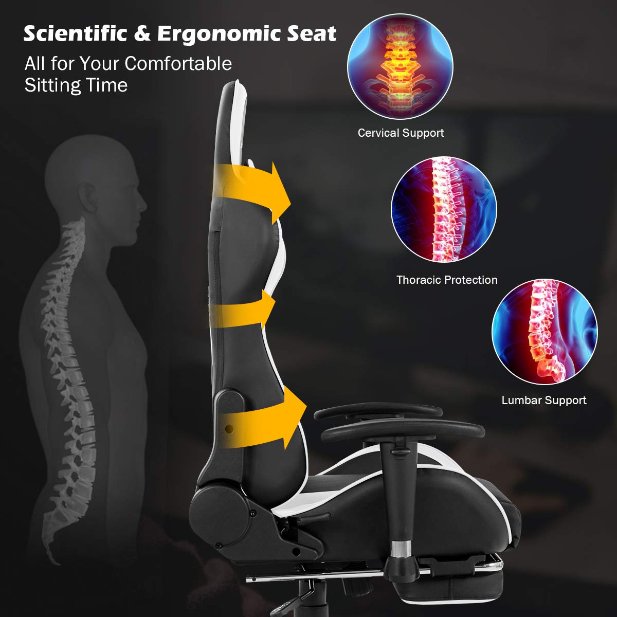 **POWERSTONE Ergonomic Gaming Chair with Adjustable Footrest & Lumbar Massage - Racing Style Computer Desk Chair for PC & Console Gamers - Reclining Office Chair with Headrest & Adjustable Armrests (Black & White) - Perfect for Long Gaming Sessions, Work from Home & Esports**