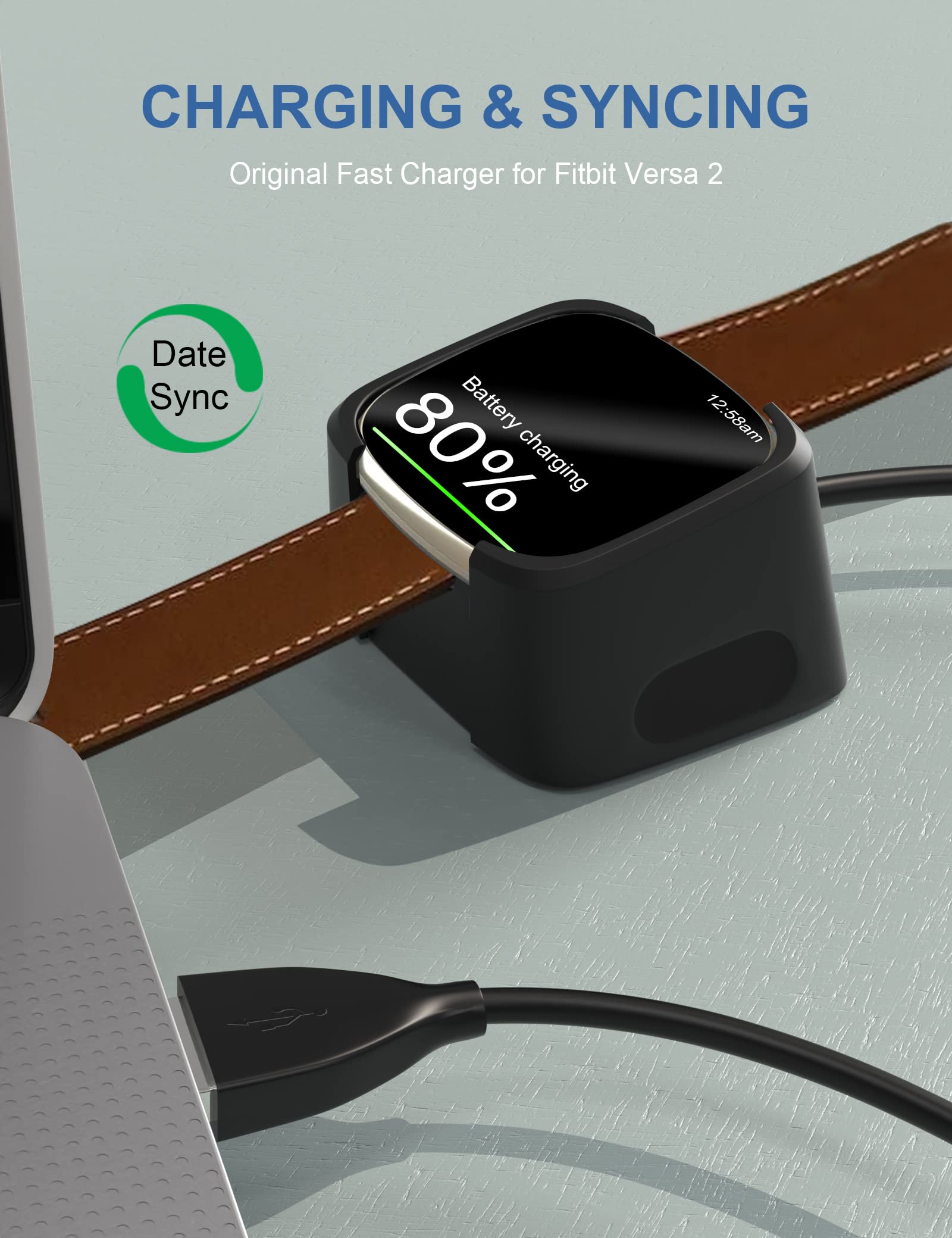 3.3Ft USB Charger Compatible with Fitbit Versa 2 - Anti-Slip Replacement Charging Dock & Smartwatch Stand (Not for Versa/Versa Lite) | Perfect for Home, Office & Travel Use