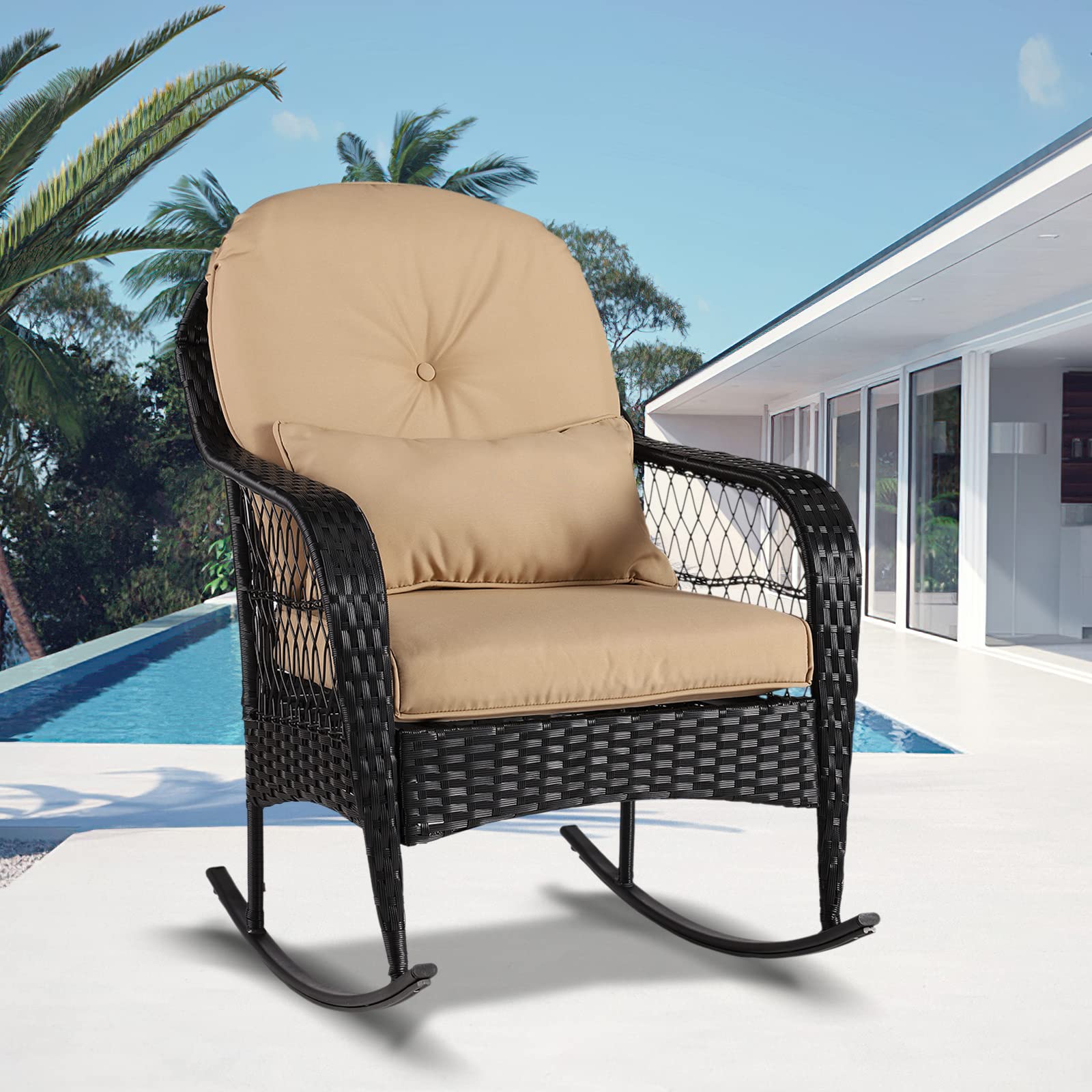 All-Weather Wicker Rocking Chair for Outdoor Use - Patio, Garden, Porch, Balcony & Backyard Furniture with Comfortable Cushions (1PC, Khaki) - Perfect for Relaxing, Sunbathing & Reading in Your Outdoor Space