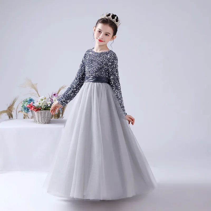 Sparkling Princess Gown for Pageant & Party - Long Sleeve Flower Girl Dress - Perfect for Weddings, Birthday Parties & Special Occasions