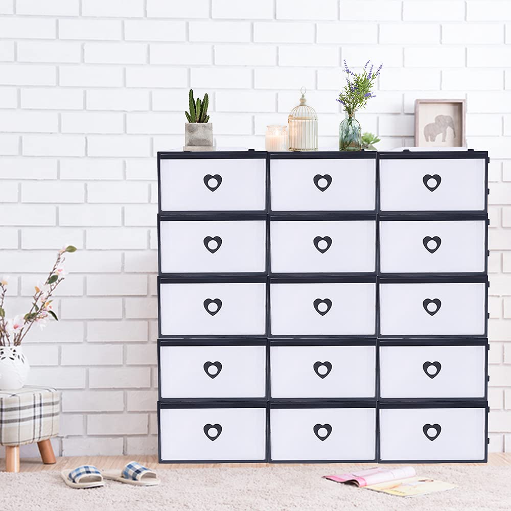 20 Pack Clear Plastic Stackable Shoe Storage Boxes - Foldable Front Opening Drawer Organizer Bins for Sneakers & Shoes | Perfect for Closet, Bedroom & Entryway Organization
