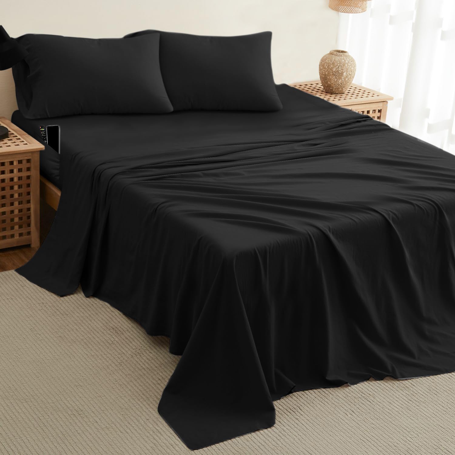 DREAMCARE Queen Size Cooling Bed Sheets Set - 4pc Deep Pocket Fitted Sheet, Flat Sheet & Pillowcases - 15