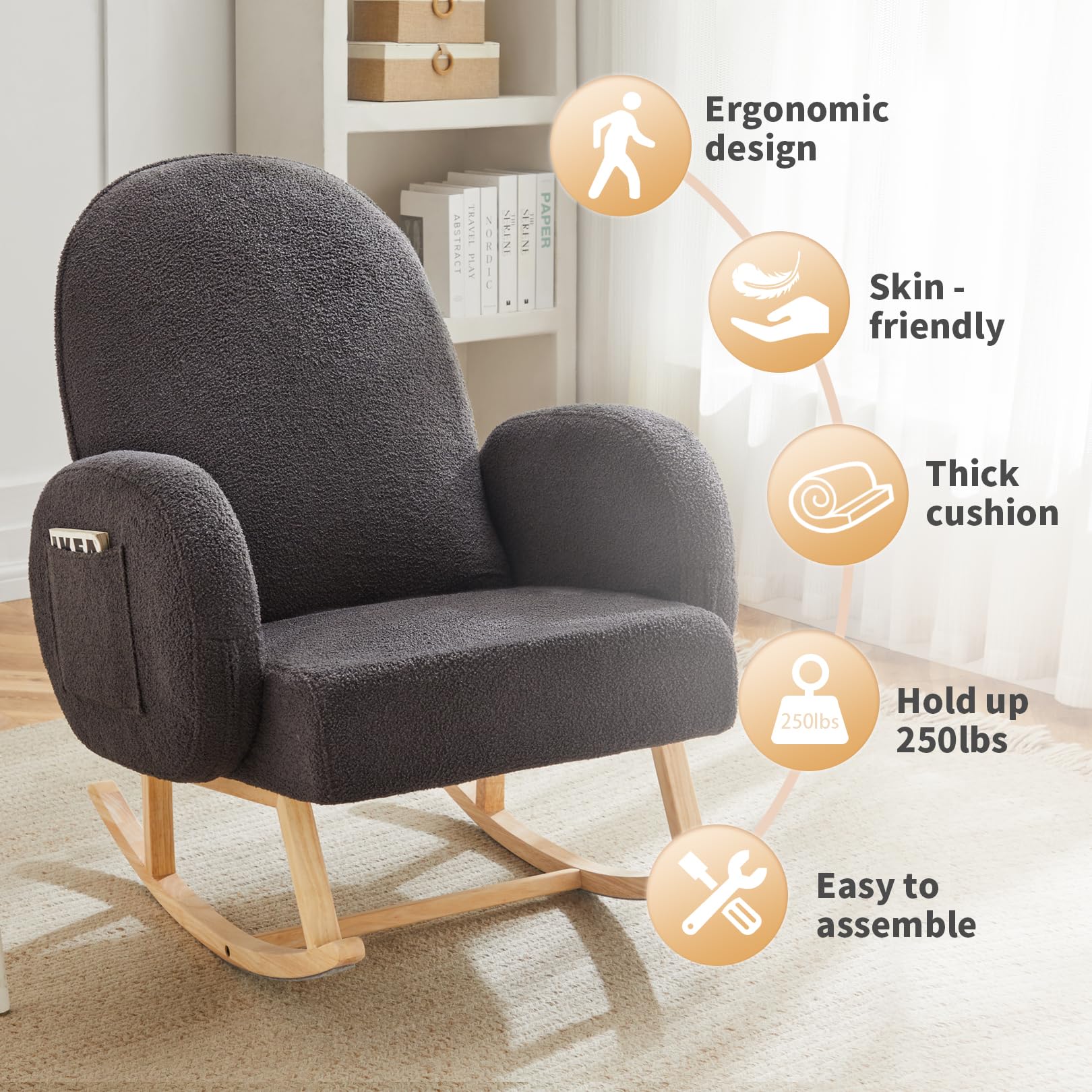 Comfortable Upholstered Rocking Chair with Side Pocket - Rubber Wood Legs Glider Accent Chair for Nursery, Living Room & Bedroom | Perfect for Nursing, Relaxing & Reading