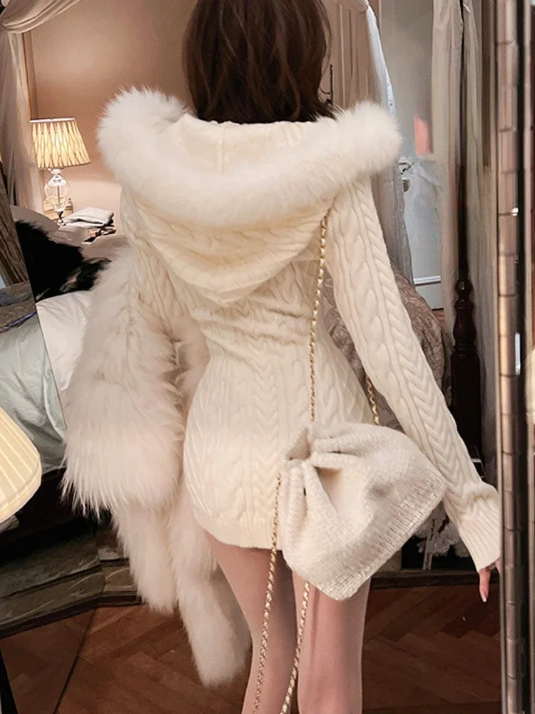 2023 Winter Knitted Hooded Sweater Dress for Women - Slim Bodycon Y2K Mini Dress with Faux Fur Trim, Korean Elegant One Piece Dress | Perfect for Christmas Parties, Date Nights & Casual Outfits