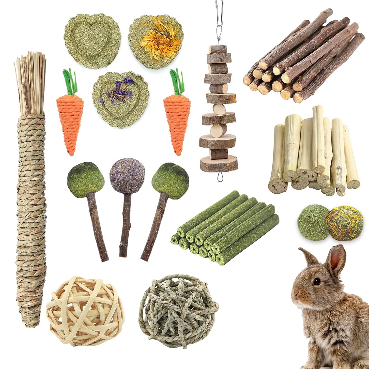 35 Pcs Natural Rabbit Chew Toys for Bunny, Hamster, Guinea Pig - Safe Teething Activity Toys for Small Pets - Perfect for Cage Enrichment and Dental Health