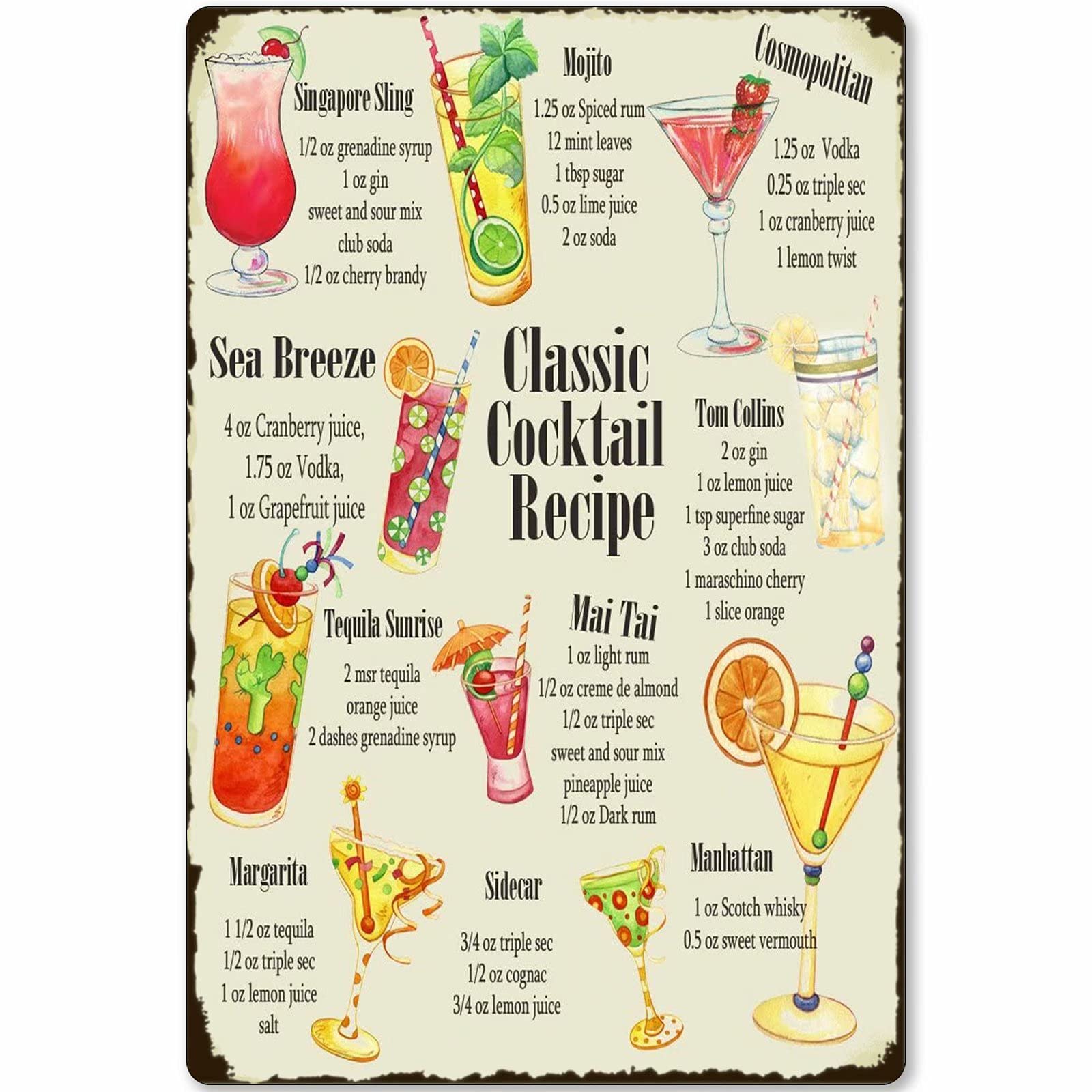 Vintage Cocktail Recipe Tin Sign Poster - 12x18 Inches Retro Bar Decor for Home, Cafe, Restaurant & Office - Perfect Wall Art for Kitchen, Bedroom & Man Cave