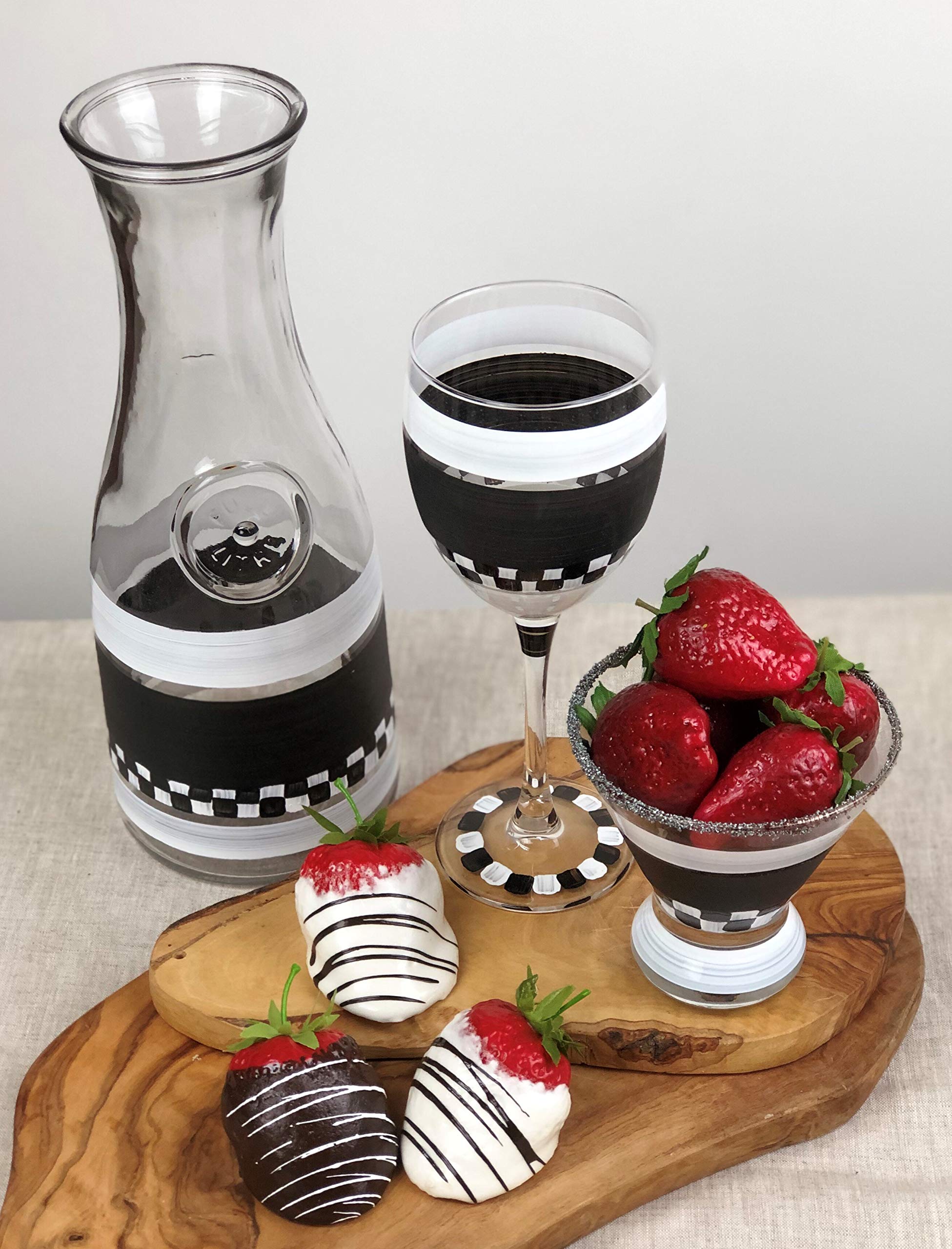 Hand Painted Cosmopolitan Glasses Set of 2 - Black & White Checkered Chalkboard Design - Unique Artisan Glassware by USA Artists - Customizable with Chalk - Perfect for Home Bar, Wedding Gifts & Party Decor