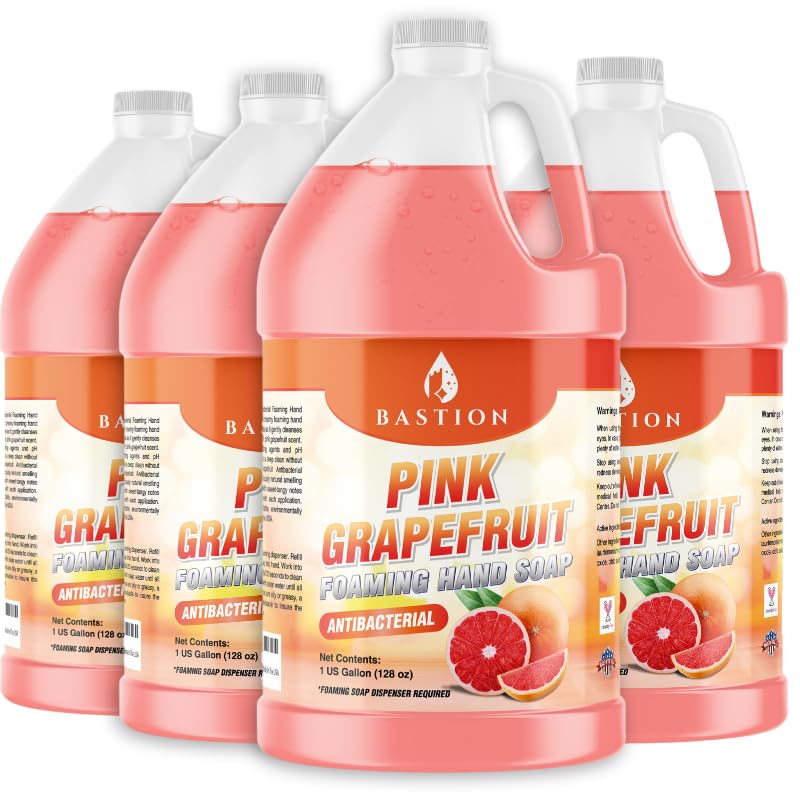 Bastion Pink Grapefruit Antibacterial Foaming Hand Soap Refill - 4 Gallons (512 oz) Bulk Moisturizing Hand Wash for Home, Office & Commercial Use - pH-Balanced, Gentle on Skin - Ideal for Restaurants, Schools and Public Restrooms