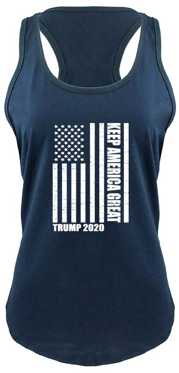 Funny Patriotic Women's Racerback Tank Top - Keep America Great Trump 2020 Design with American Flag Print | Perfect for Political Rallies, Fourth of July & Conservative Events