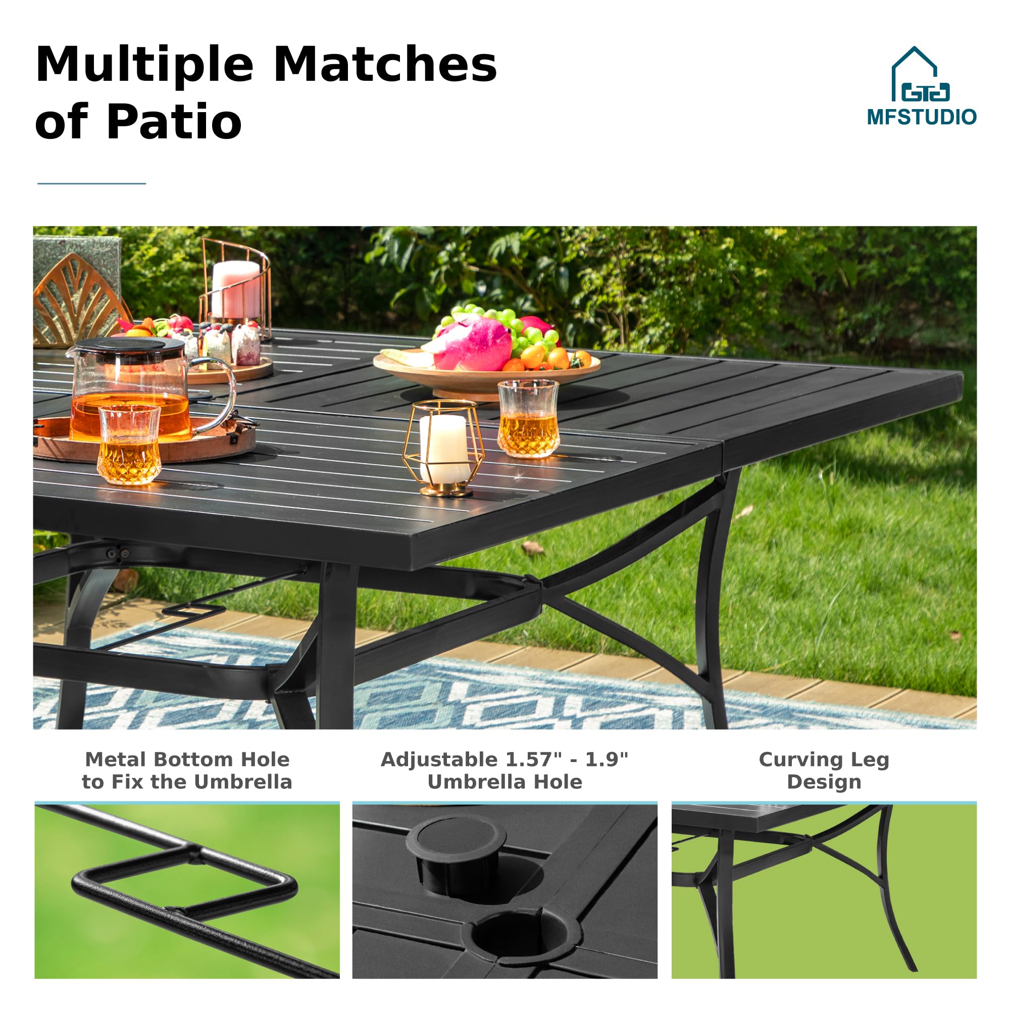 MFSTUDIO 60 Inch Square Metal Outdoor Dining Table - Large 8 Person Patio Table with Adjustable Umbrella Hole - Perfect for Deck, Backyard, Lawn, Garden, Poolside & Outdoor Entertaining (Black)