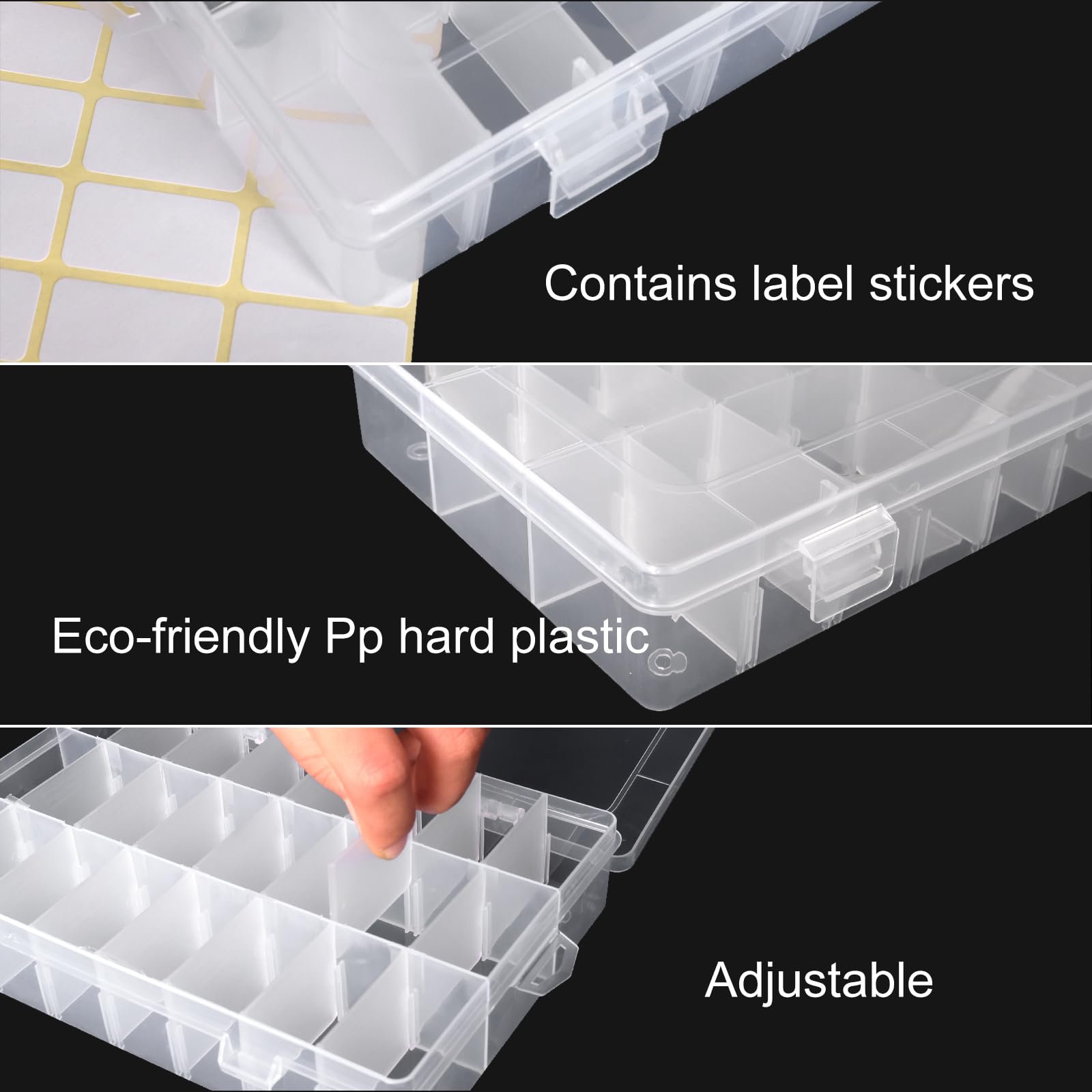 2 Pack 24 Grids Clear Plastic Storage Box with Adjustable Dividers - DIY Craft Organizer for Beads, Jewelry, Fishing Tackles - Includes 1 Sheet Label Stickers - Perfect for Home, Office & Travel Organization