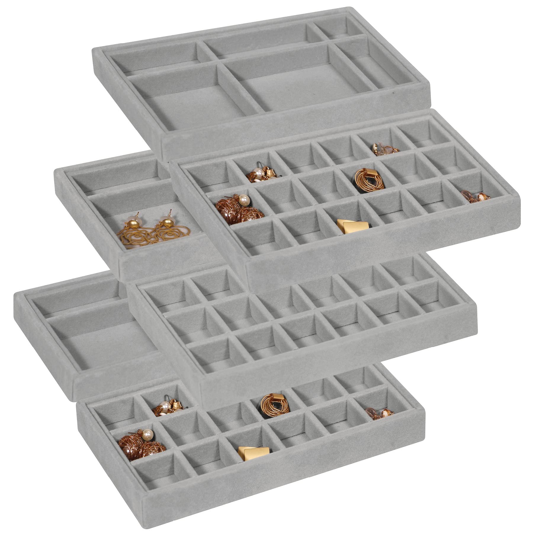 DIOMMELL 6-Piece Stackable Velvet Jewelry Organizer Tray Set - Jewelry Storage Box & Display Case for Earrings, Necklaces, Bracelets, Rings - Perfect for Dresser Drawer, Closet & Vanity Organization (Grey)