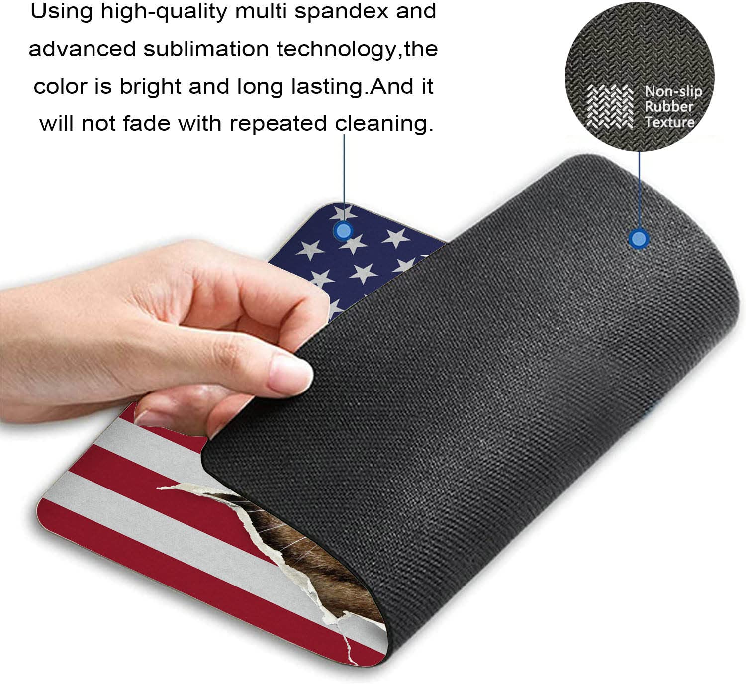 Funny Cat in USA Flag Mouse Pad - Washable Non-Slip Rubber Base Square Cloth Mousepad for Office Laptop & Wireless Mouse - Perfect for Home, Office & Gaming Desks