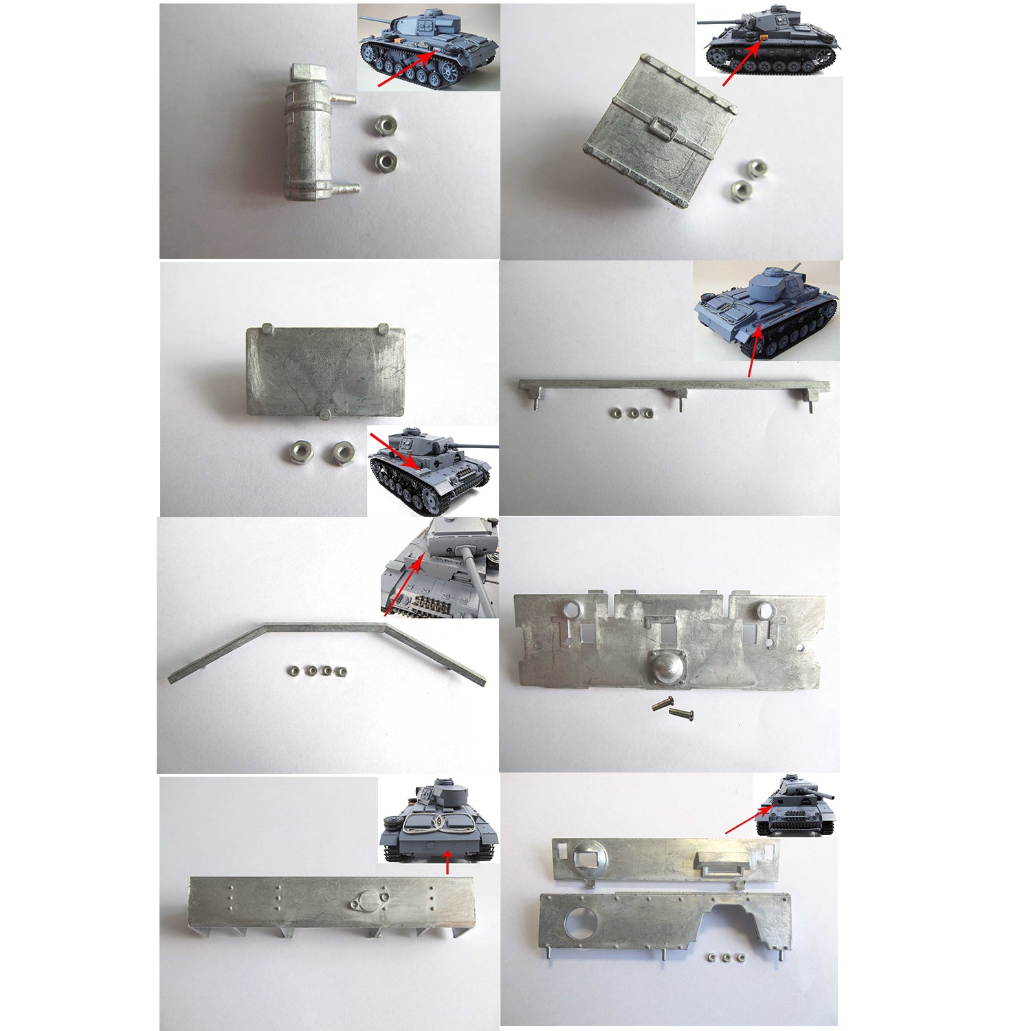1/16 Mato RTR German Panzer III Metal Tank Spare Parts Set - Fire Extinguisher, Upper Hull, Box Bar, Rear Stand & Front Plate for RC Military Model Collectors & Battle Scenes