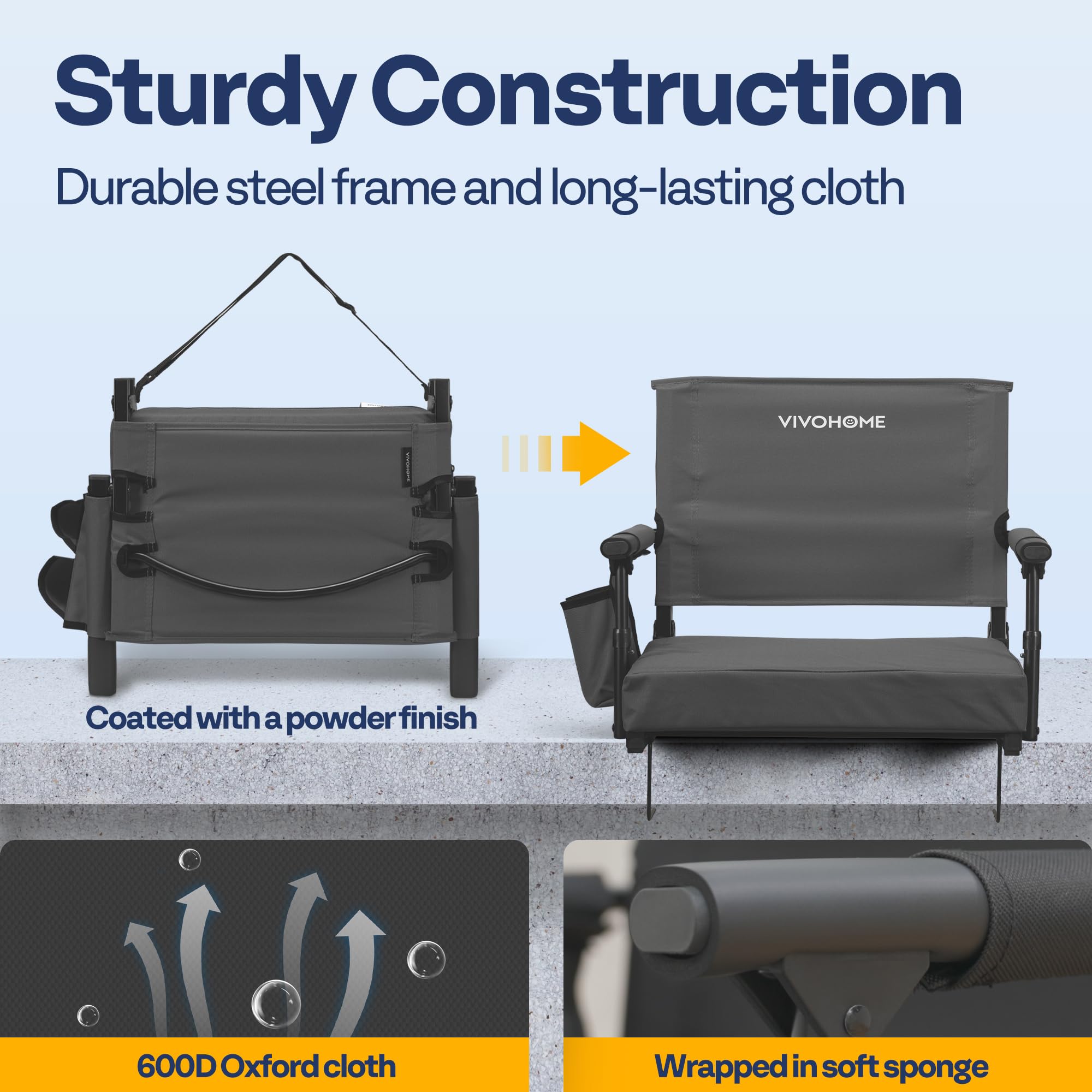 VIVOHOME 2 Pack Stadium Seats with Back Support & Cushion - Portable Bleacher Chairs with Cup Holder & Shoulder Strap - Perfect for Football Games, Concerts & Outdoor Events