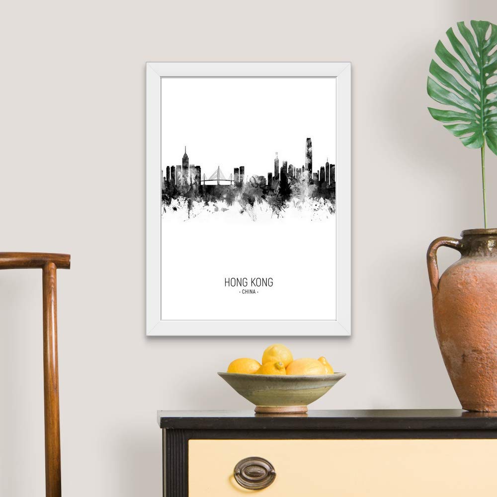 Hong Kong Skyline White Framed Art Print - Modern Cityscape Wall Decor for Living Room, Office & Bedroom - Perfect Gift for Travel Lovers & Home Decor Enthusiasts