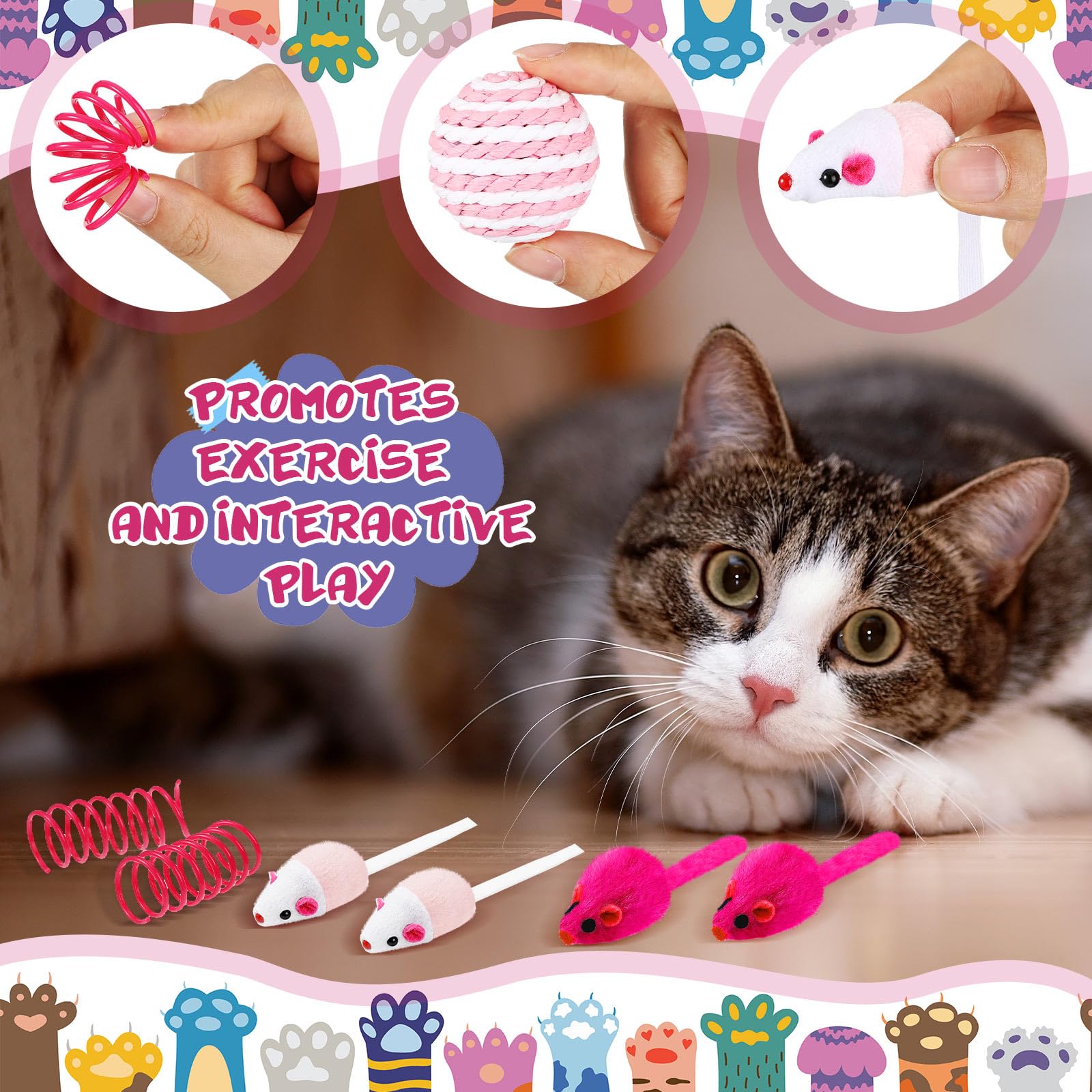 46 Pcs Cat Toys Set - Interactive Cute Cat Toys with Fur Mice, Rattle Springs, Crinkle Balls, Pompom Bells & Sisal Ball Puzzle - Perfect for Indoor Play, Kitten Training & Gift Giving (Pink)