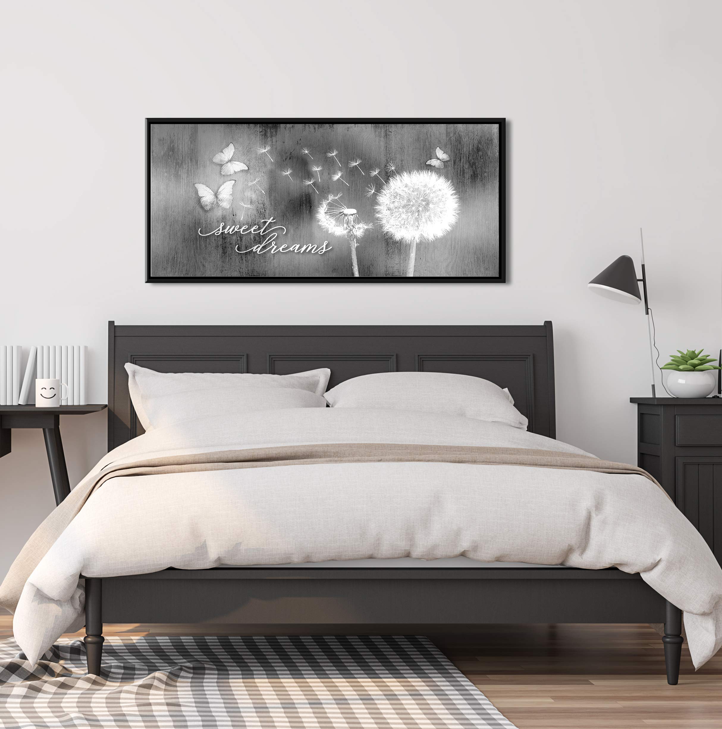 Sweet Dreams Dandelion Wall Art - Large Floating Frame Bedroom Decor (42x19) | Grey & Black Masterpiece for Above Bed Decor | Perfect for Modern Bedroom, Nursery & Living Room Wall Art