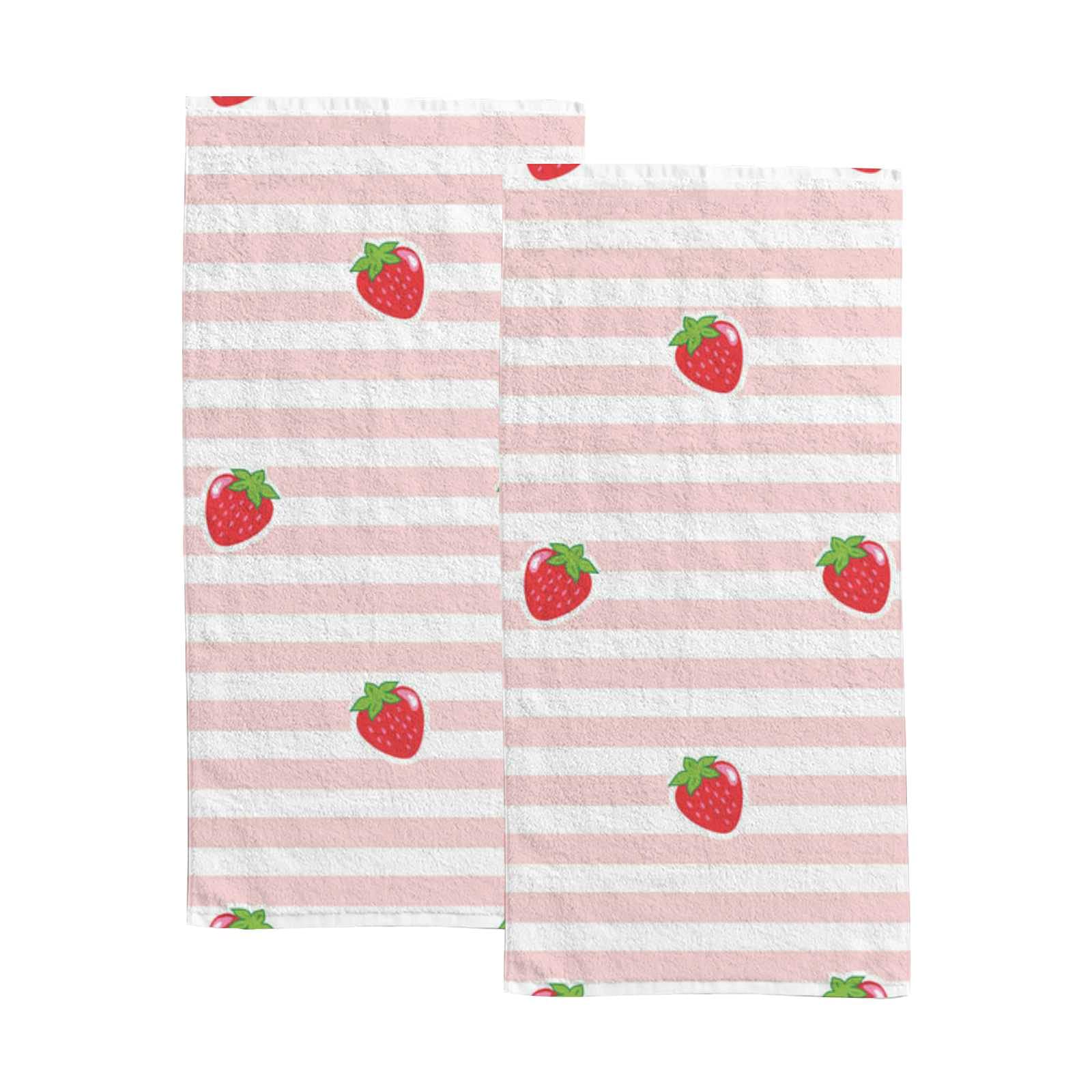 Soft Pink Strawberry Print Hand & Face Towels Set of 2 - Super Absorbent Quick Dry Bath & Kitchen Washcloths (30x15 Inch) - Perfect for Bathroom, Kitchen & Couples Gift