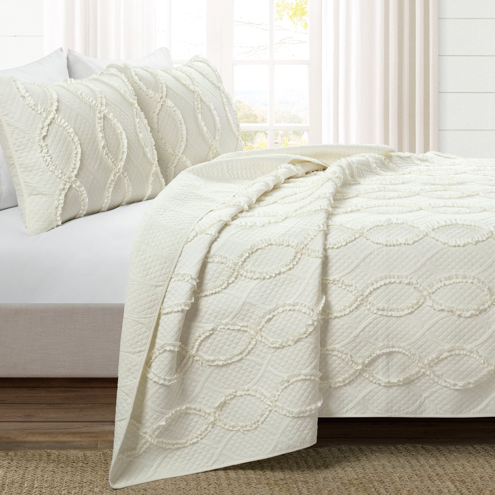 Avon Textured Ruffle Quilt 3-Piece Bedding Set - Soft & Stylish Comforter, Pillow Shams & Bed Skirt for Cozy Bedroom Decor