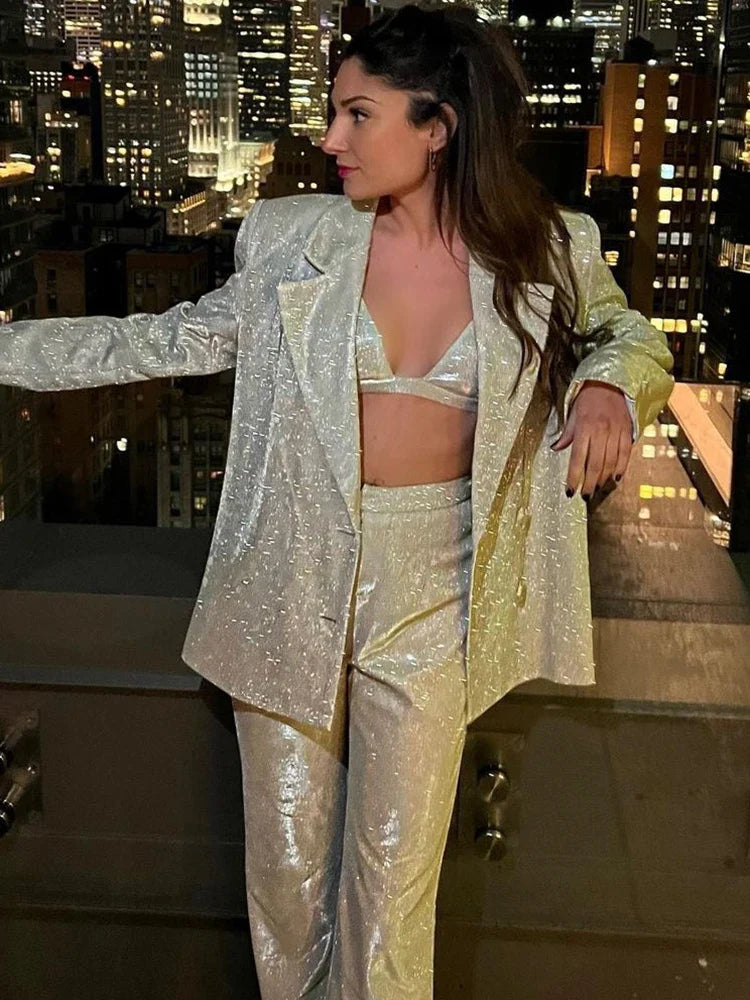 Fantoye Women's Silver Sequins Turn Down Collar Blazer Set with Long Sleeve Top & Casual Pants | Spring Loose Fit Streetwear Outfit for Office, Party & Fashion Events