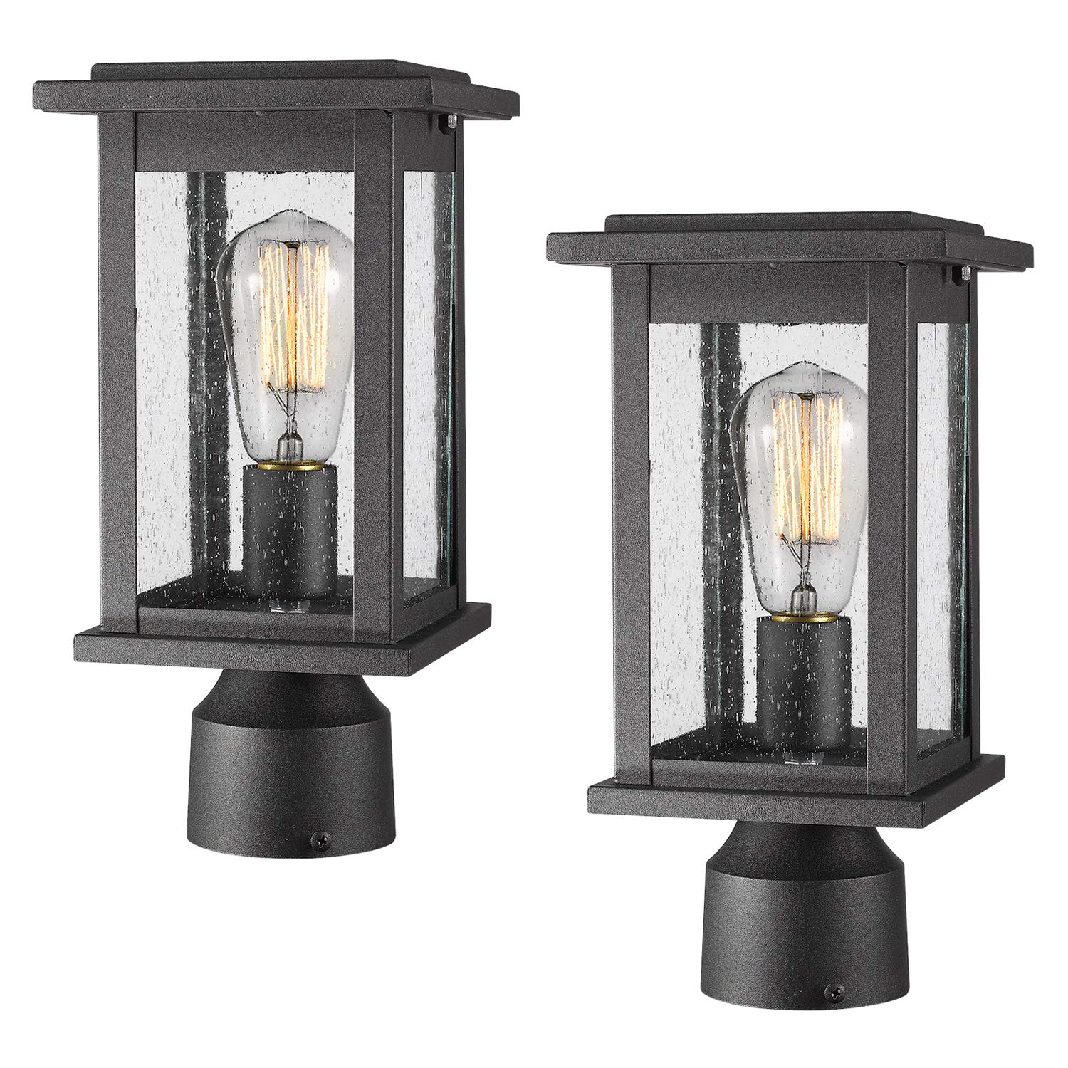 Emliviar 2 Pack Black Outdoor Post Light Fixtures with Seeded Glass - Waterproof Exterior Pillar Lights for Garden, Patio, Walkway & Porch Lighting