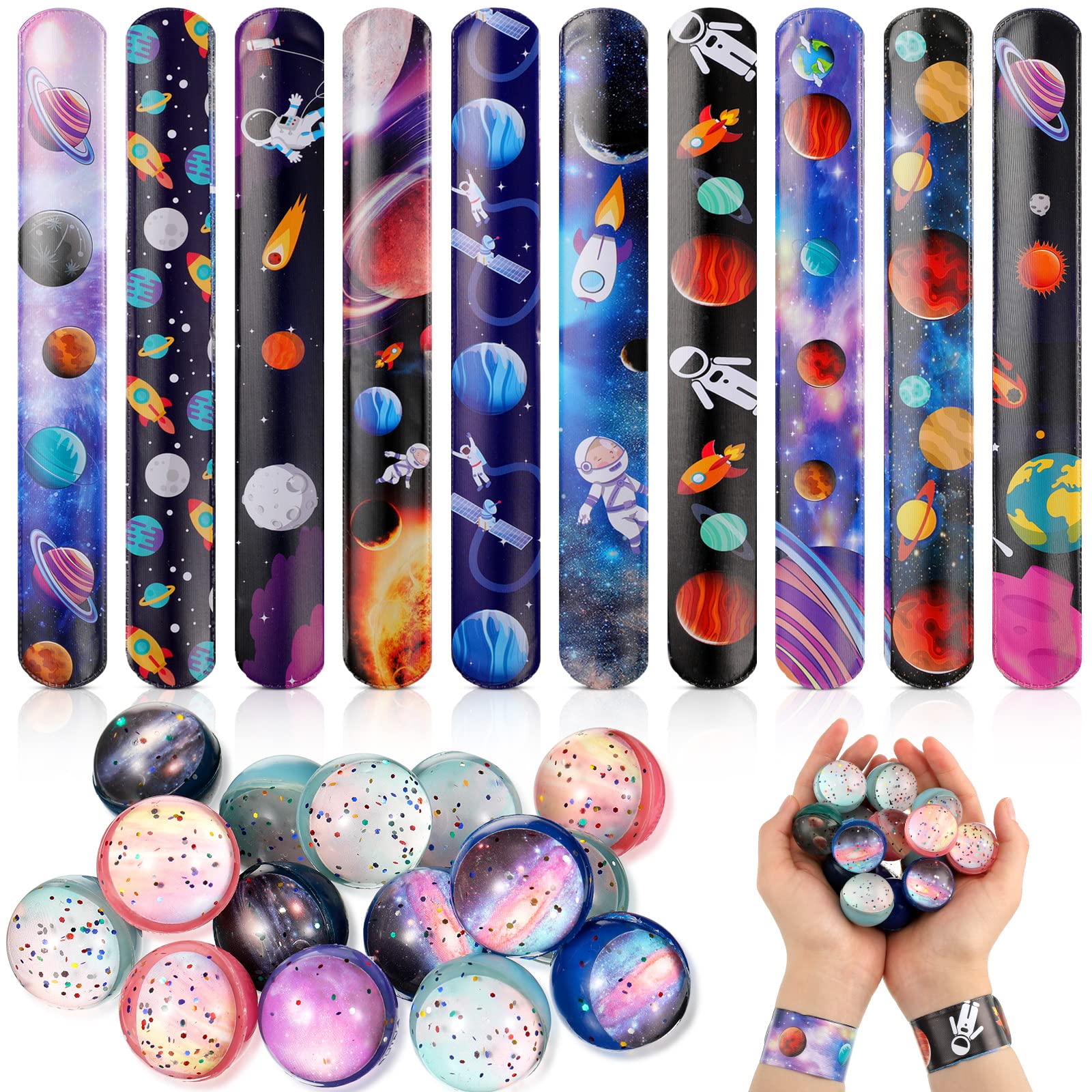 32-Piece Space Party Favors Set - 16 Galaxy Slap Bracelets & 16 Rubber Bouncy Balls for Outer Space Birthday, Classroom Rewards, Goodie Bag Fillers & Kids' Party Supplies