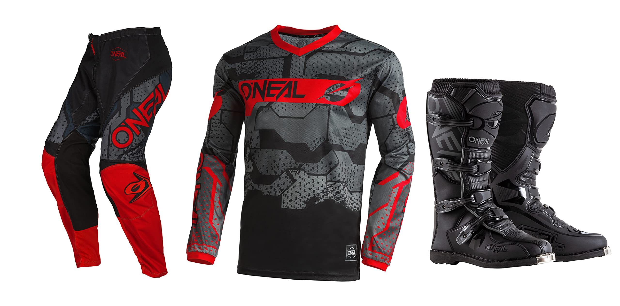 Oneal Element Camo Black/Red Jersey Pant Boots Combo - Dirt Bike Motocross Gear Set for Off-Road Racing & Trail Riding