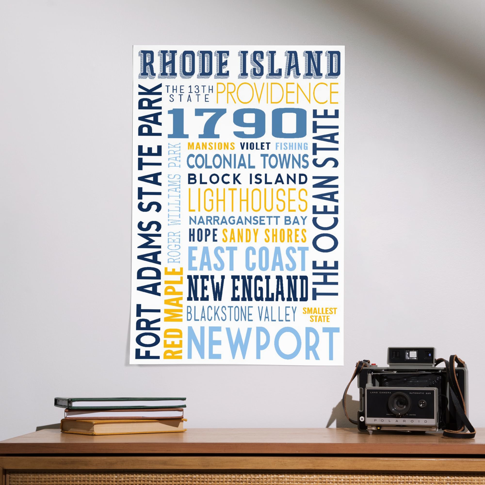 Lantern Press 16x24 Inch Giclee Print - Rhode Island Coastal Typography Art - Wall Decor for Living Room, Bedroom & Office