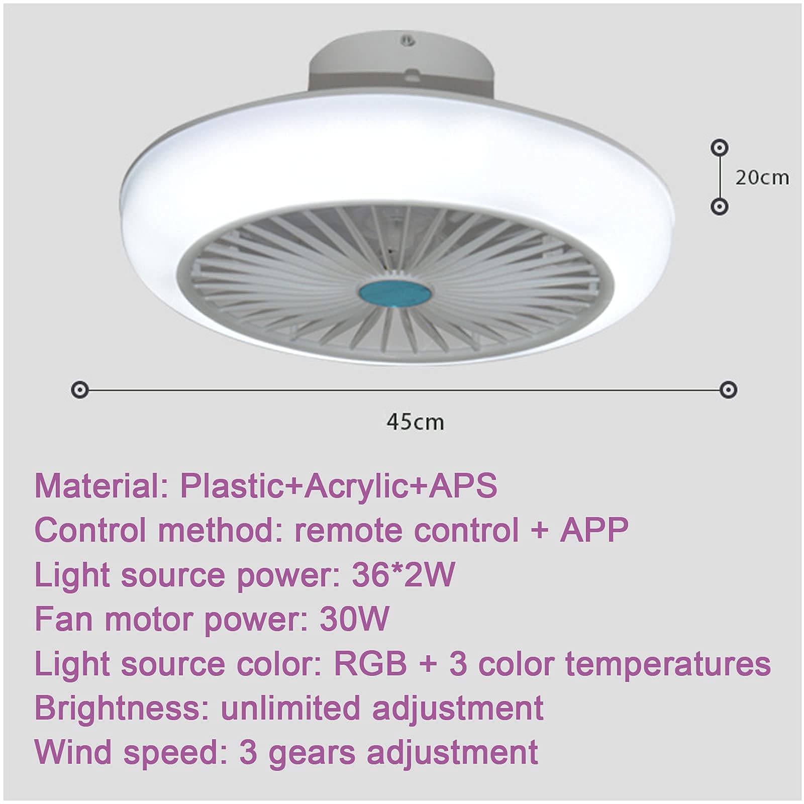 Smart RGB Dimmable LED Ceiling Fan with Bluetooth Speaker & Remote Control - 17.7