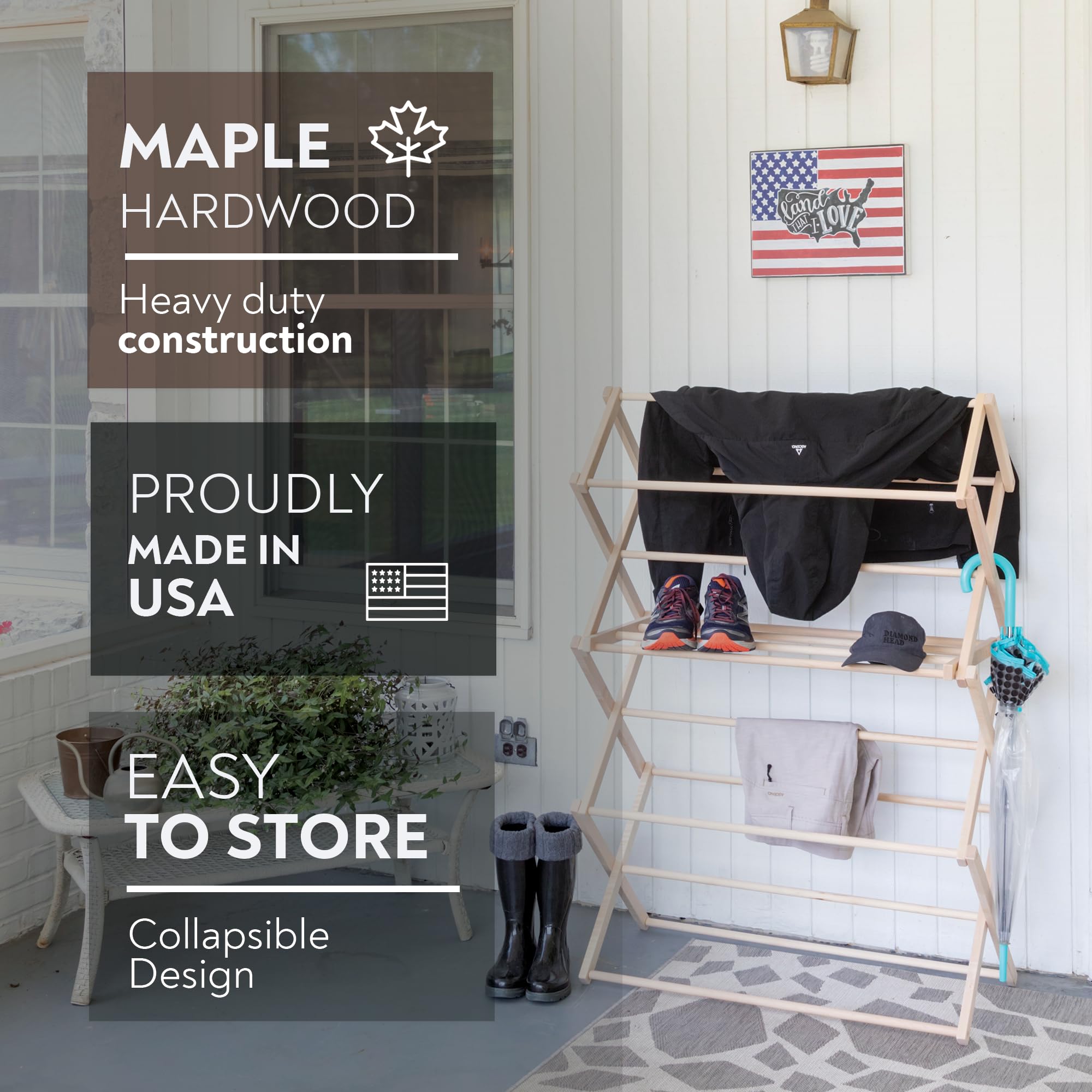 Premium Solid Maple Wood Clothes Drying Rack - USA Made Foldable Laundry Rack for Baby Clothes, Delicates & Hand Towels | Space-Saving Design for Small Apartments, Bathrooms & Nursery Rooms | No Assembly Needed Durable Hardwood Garment Drying Stand