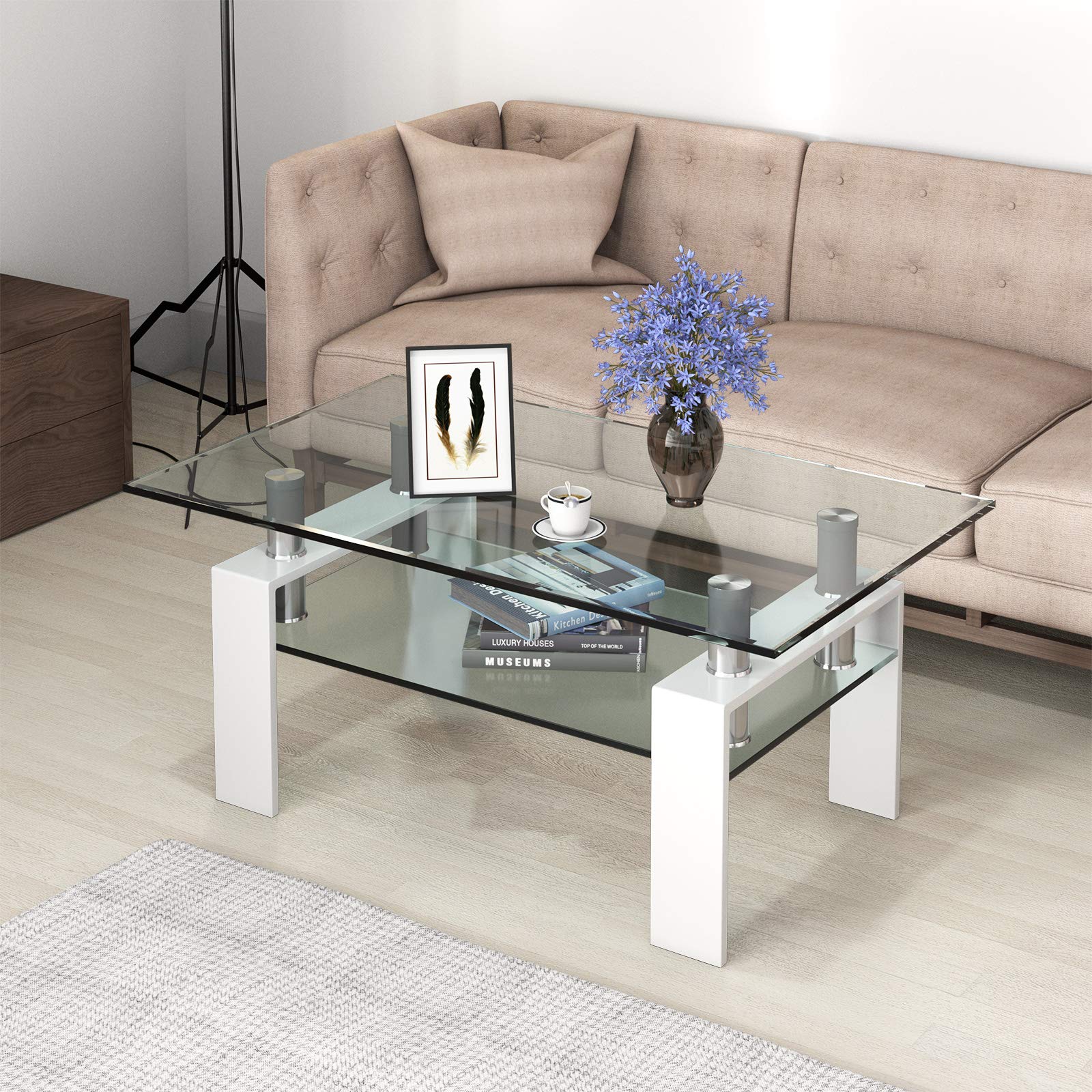 Tangkula Modern Rectangular Glass Coffee Table with Lower Shelf - Tempered Glass Top & Sturdy Metal Legs - Perfect for Living Room, Office, or Lounge (White)