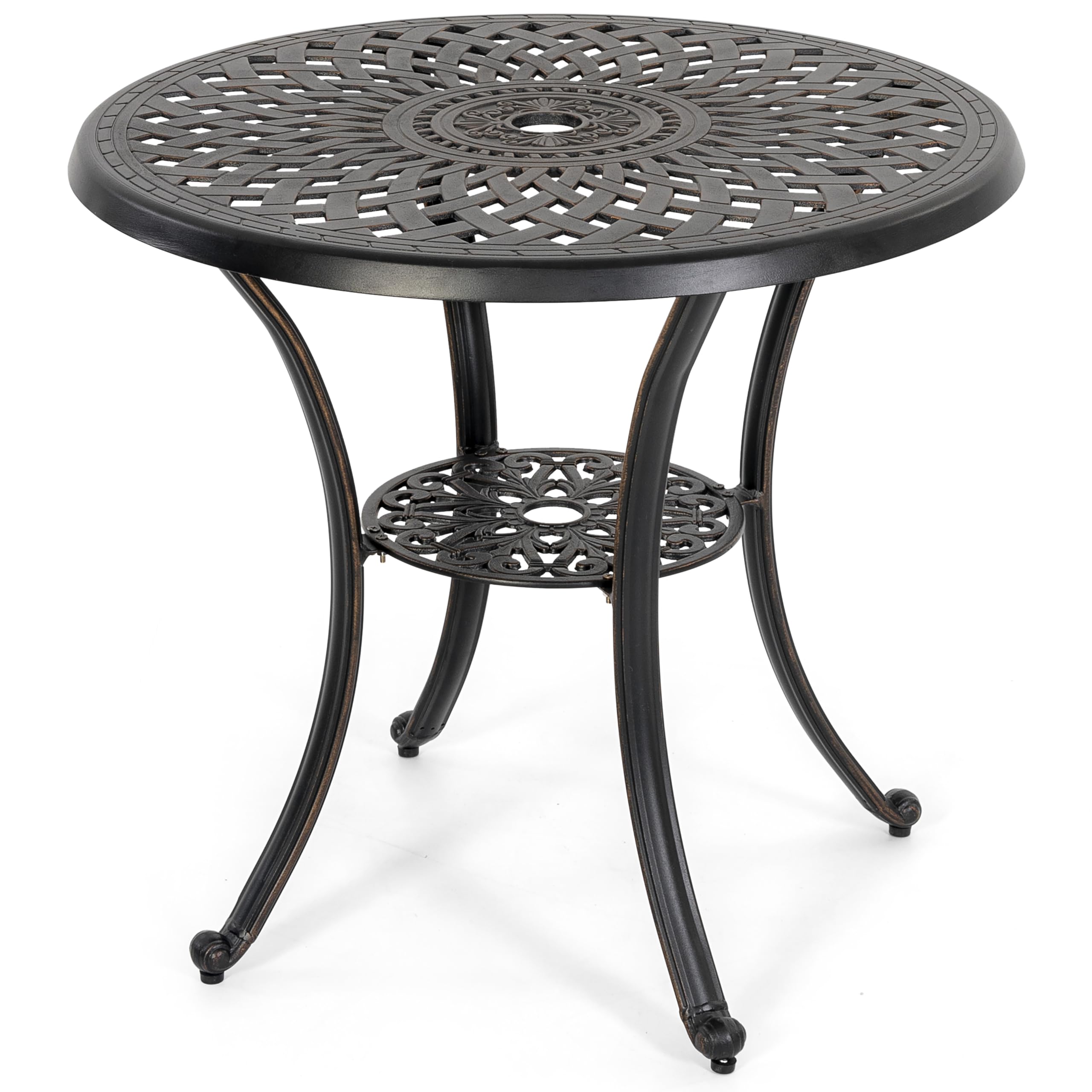NUU GARDEN 31 Inch Round Outdoor Dining Table - Cast Aluminum Patio Table with Umbrella Hole - Weather-Resistant Bistro Table for Backyard, Garden, Deck, Porch - Black with Antique Bronze Trim - Perfect for Outdoor Entertaining & Dining Al Fresco