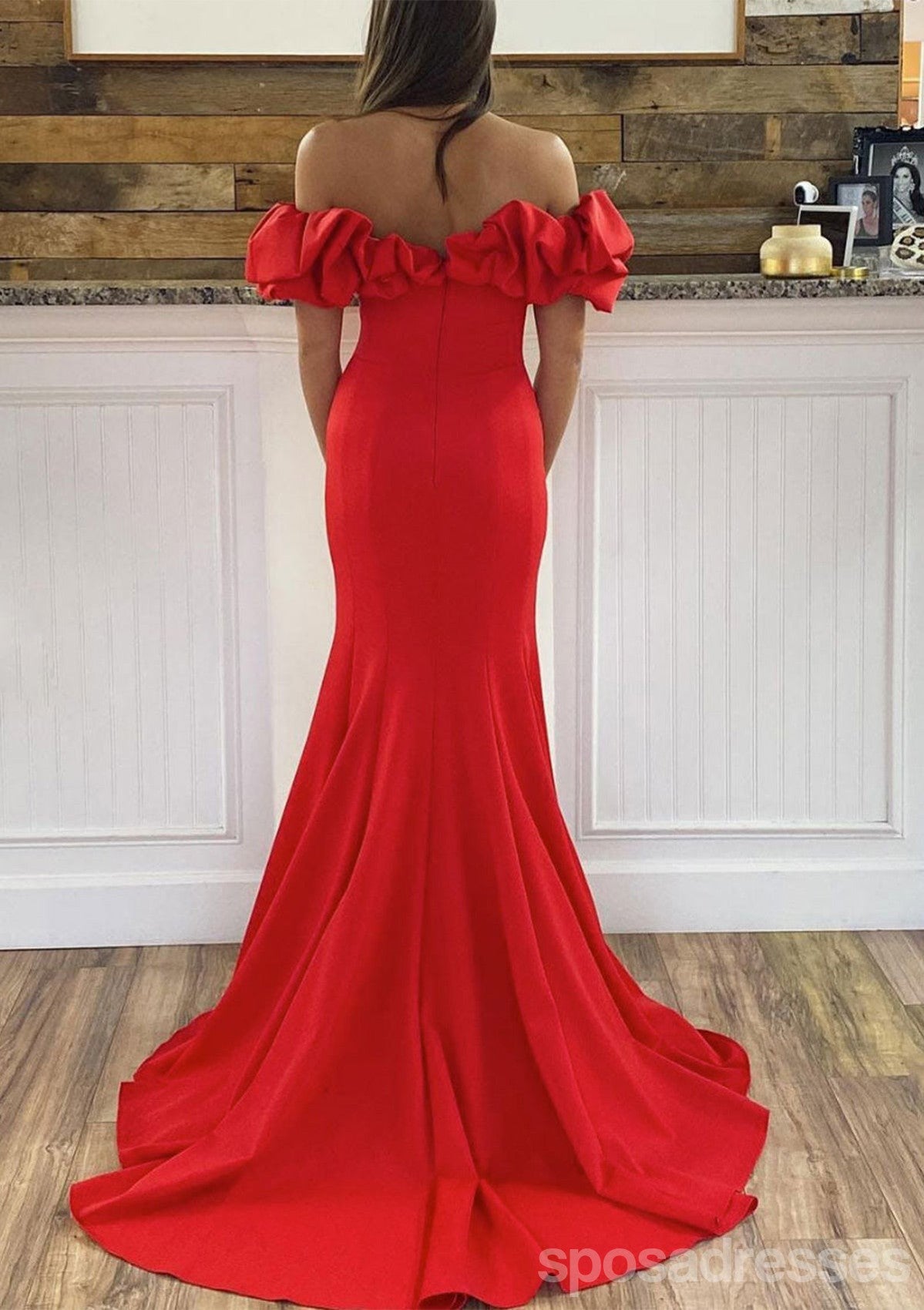 Elegant Red Mermaid Off Shoulder Maxi Long Party Prom Evening Dress - Perfect for Homecoming, Wedding Guest & Formal Events | Style 13404